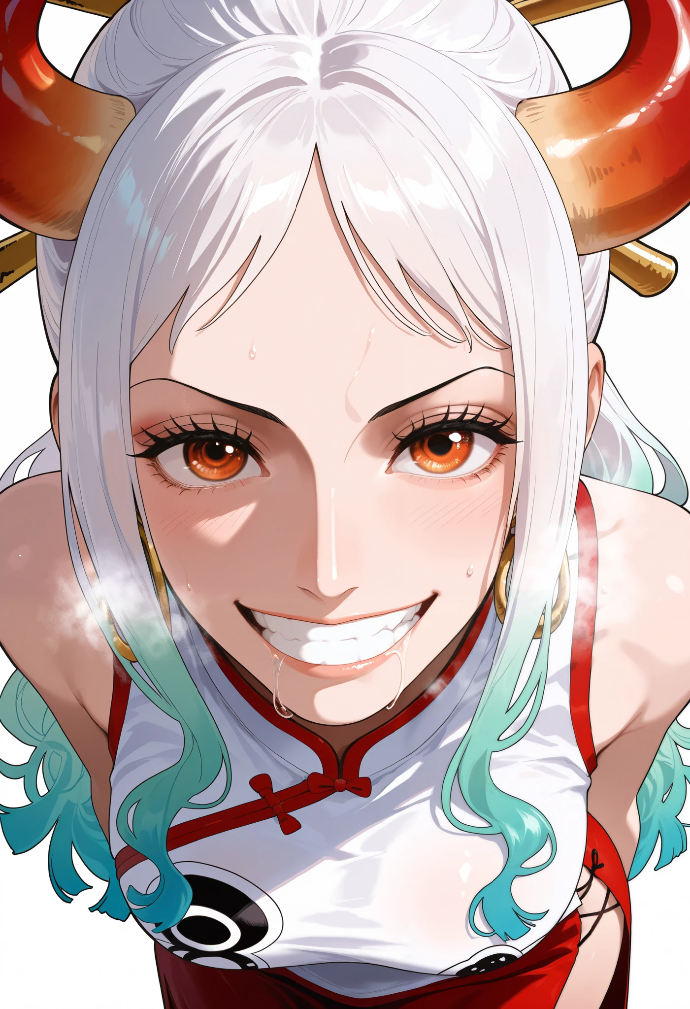 masterpiece, best quality, amazing quality, 1girl, (Yamato, one piece, orange eyes, white hair, horn), long hair, Sleeveless top, side-open skirt, white Chinese cheongsam , very happy smile, close up shot, simple background, medium size , golden ratio face, drooling, breathing effect, breathing heavily, white background,