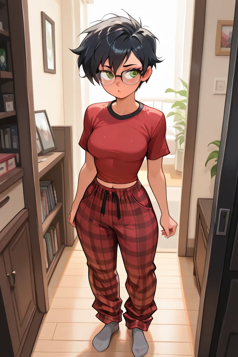 lisaloud, 1girl, solo, green sweater, pink pants, brown footwear, glasses, standing in a bedroom, looking at viewer, brown hair, short, hands on hips, chibi, score_9, score_8_up, score_7_up,