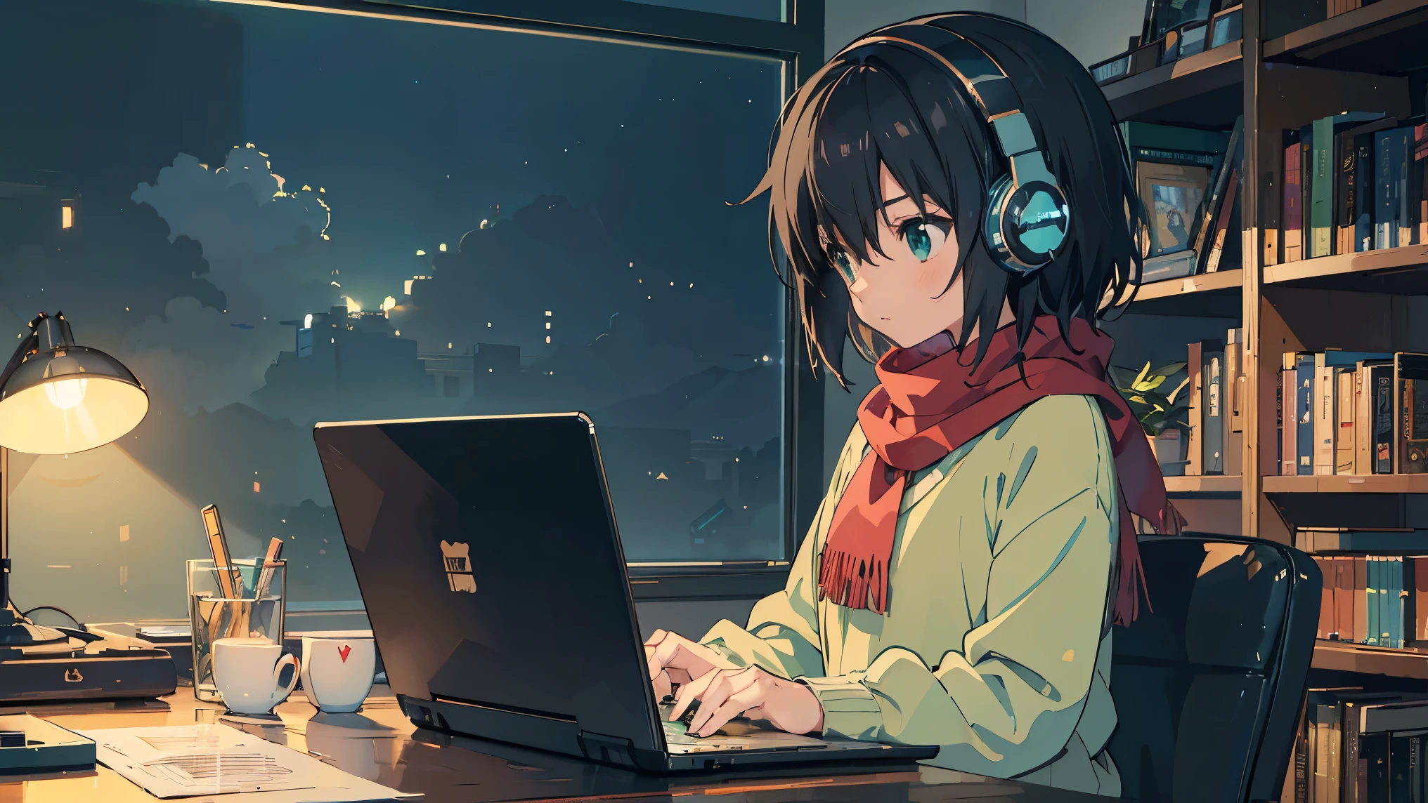 ((top quality)), ((masterpiece)), (( super high resolution )), ((very detailed)), (anime girl sitting at desk using laptop and headphones), (Light green sweater), (black shorts), (red scarf with black stripes), (  black hair), (looks away:1.4), cute eyes,  potted plants, Books, Bookshelf, Books, Bookshelf,  night , digital Anime illustration, Keyframe Illustration,  Gweiz-style Artwork , Makoto Shinkai&#39;art style, Portrait of Roffey, Digital Anime Art, Makoto Shinkai style,  lo-fi girl , (Sitting at a desk and hitting a keyboard ), anime style illustration, ロフィart style, Anime illustration