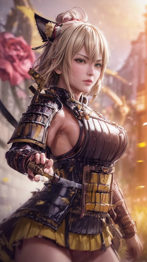 (samurai) (((Avril Lavigne))), ((bodybuilder)), ((H-cup breast)), breast plate, (gold and blue armor), red glowing eyes, ((21 years old)), evil sexy smile, posing, busty, samurai Lord, at midday, bamboo forest, (holding katana), full body model shot, panoramic