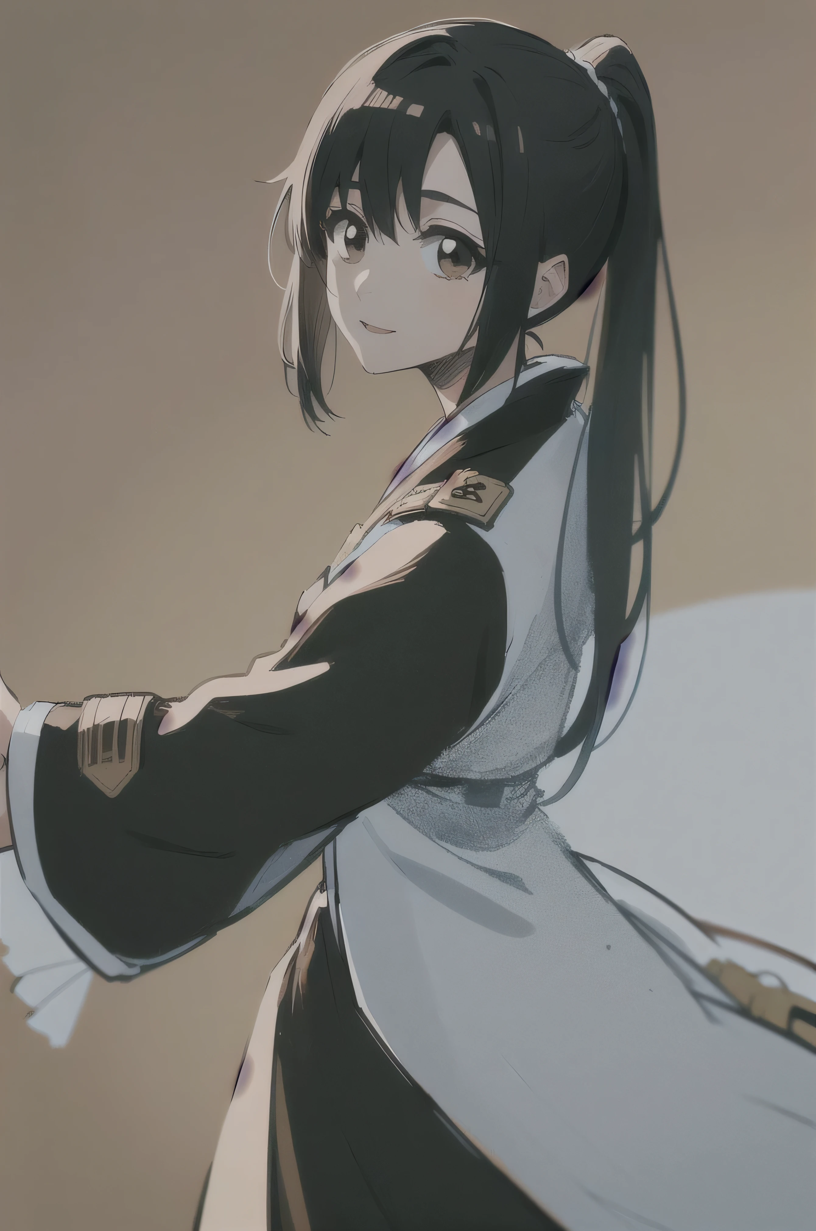 masterpiece, Highest quality ,
one girl from the side , romantic love , black hair, single , ponytail, Vancouver, brown eyes,
Hair bangs,
kimono, white sleeveless coat ,Captain's coat without white sleeves, black kimono ,
smile, alone, I'm looking for , simple background ,