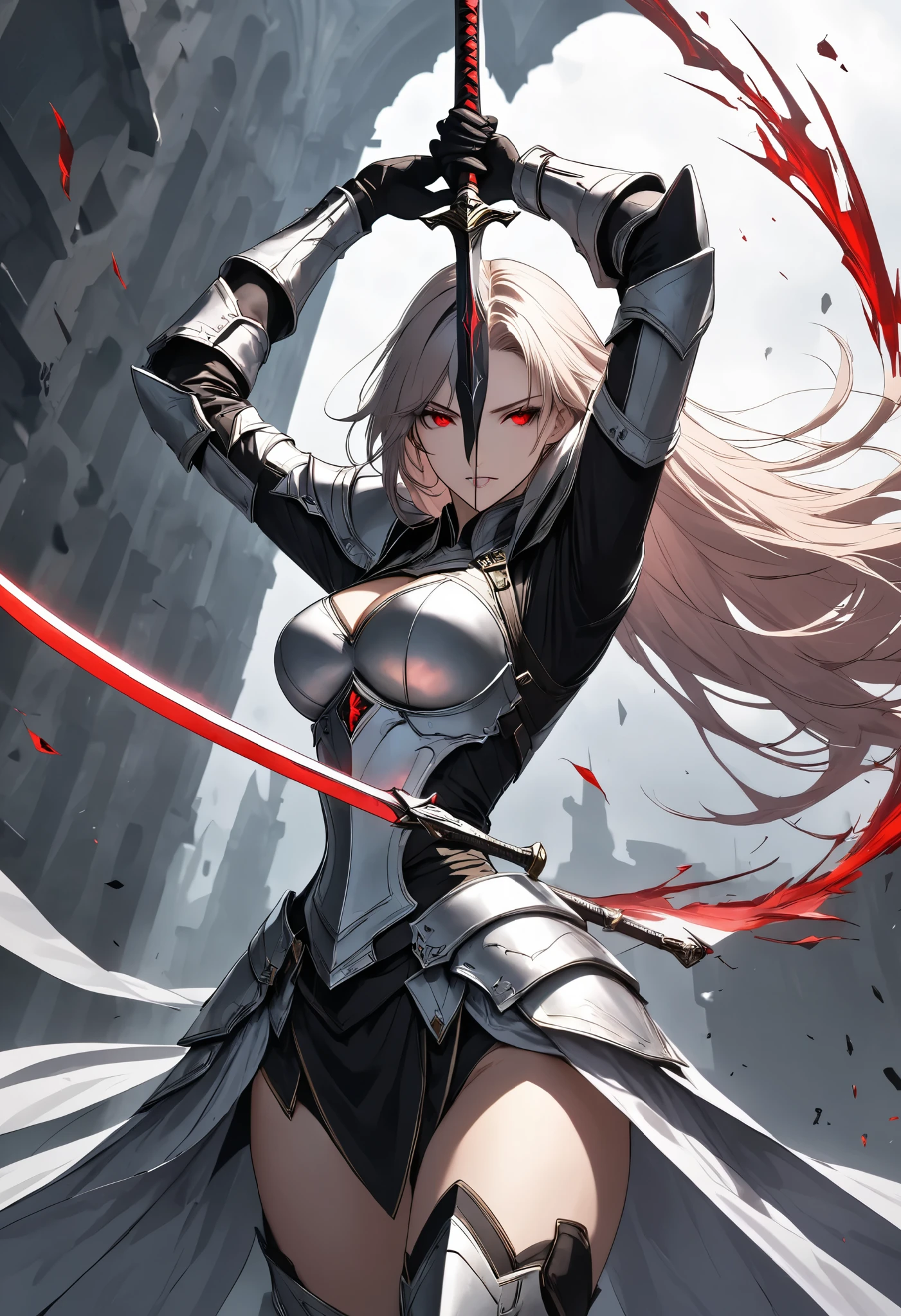 Ultra-high resolution, super detailed, dynamic composition, staring at you,
a female paladin, solo, (holding sword with her hands, A sword swung down vertically, (lifting it above her head, and after Swings down at you with force)),
BREAK \nothing other sword\, vertical slash, dynamic motion, transparent red eye, the afterimage of the tip of the sword slicing through the center,
BREAK \nothing another sword\, lift up her sword to up on head, and slash to you vertical soon,
\Cryptic Paladin 001, ARW, vertical slash\,