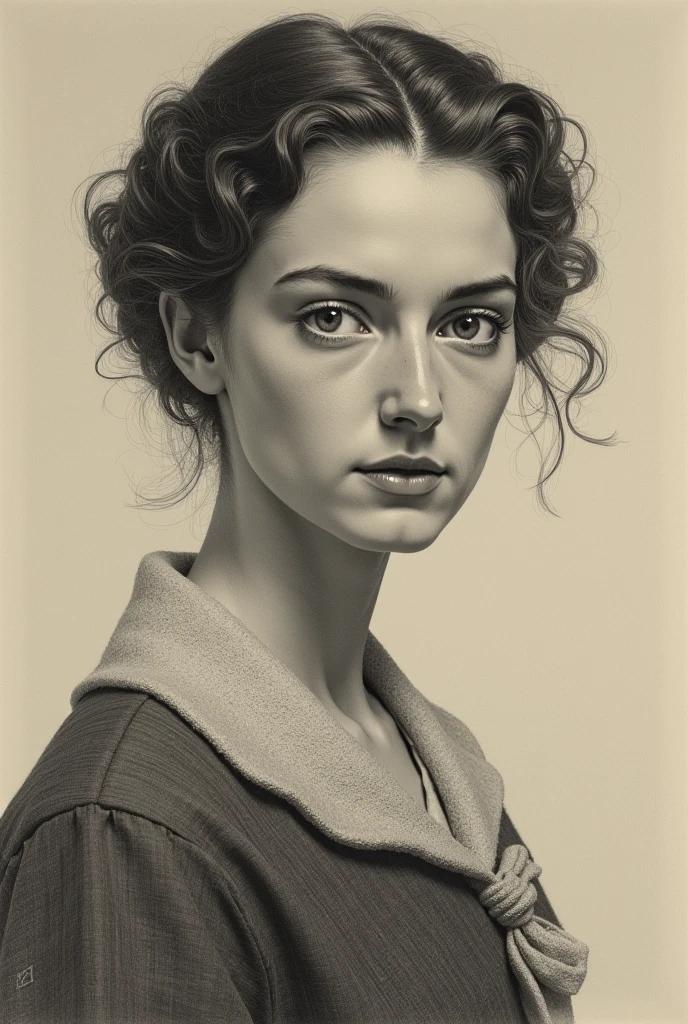 A delicate, watercolor paint picture portrays, a nude beautiful Natalie Portman look, medium breasts, standing bare feet without background, her features rendered in subtle shading and precise lines. The framing is tight, focusing attention on the subject's serene face. Soft, feathery strokes convey the gentle texture of her hair,