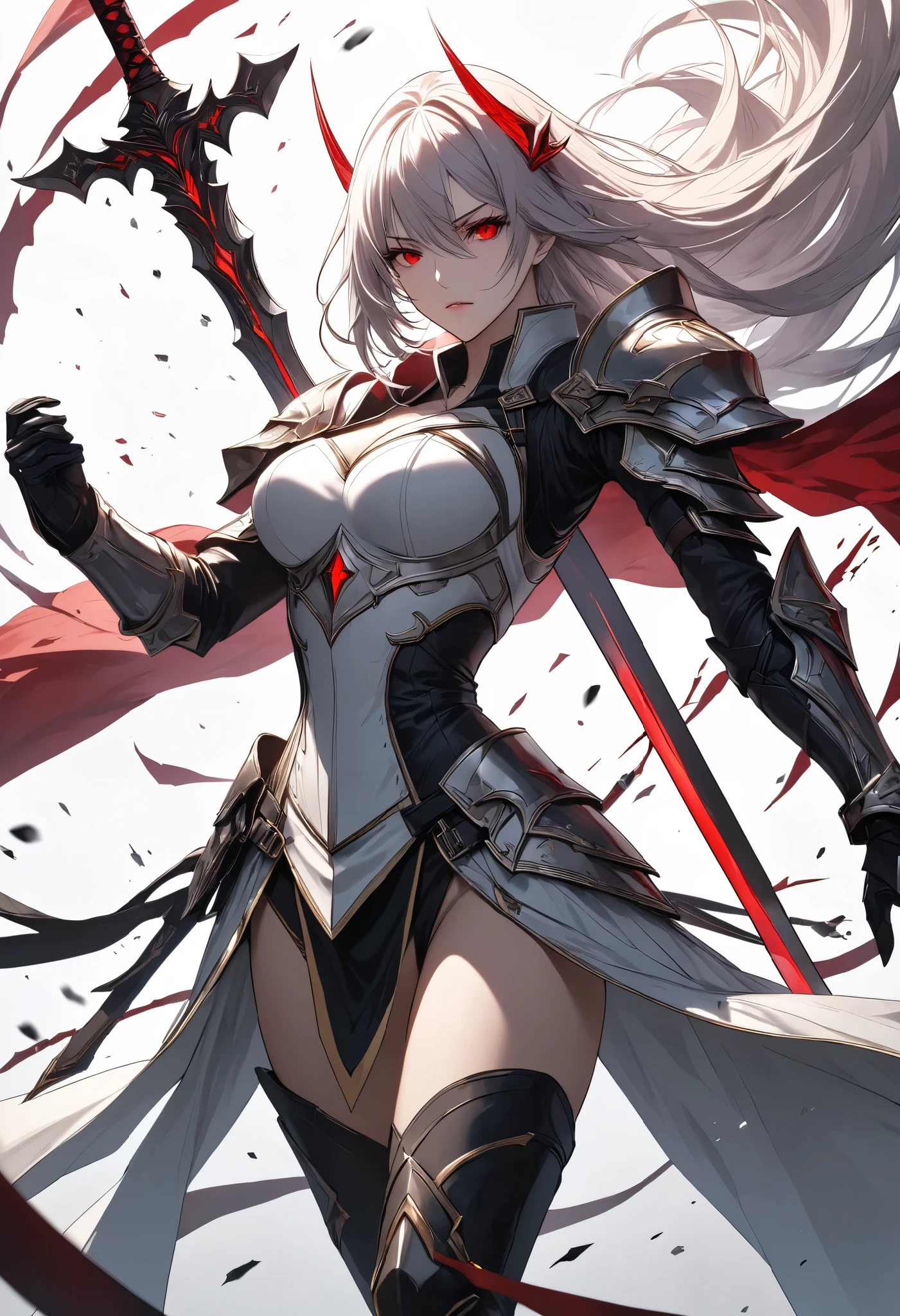 Ultra-high resolution, super detailed, dynamic composition, staring at you, and slash vertical with sword, 
BREAK a female paladin, solo, (holding sword with her hands, A sword swung down vertically, (lifting it above her head, and after Swings down at you with force)), 
BREAK \nothing other sword\, vertical slash, dynamic motion, transparent red eye, the afterimage of the tip of the sword slicing through the center, 
BREAK \nothing another sword\, lift up her sword to up on head, and slash to you vertical soon, 
\Cryptic Paladin 001, ARW, vertical slash\, 
Release the pause and slash, 