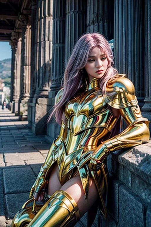 ((best quality)), ((masterpiece)), (ultra detailed lights), ((full body shot)), indonesian girl, extremely beautiful, ultra face details, 20 years old, ((pink curvy-hair)), ((hair blown by strong winds :1.3)), ((Award-winning photograph)), photography of a teen girl, slim face, extremely beautiful, ultra details skin, crisp picture, ((full make ups)), eyelashes, eyeshadow, gold retina, perfect eyes, ((pink blushing)), ((red lips)), ((wearing tight gold armor)), ((luminous gold armor)), ((24k-gold armor)), ((full body armor)), ((tight black latex panty)), ((thighs covering armor)), ((extreme armor reflection render)), no head cover, ((symmetrical body pose)), model posing in the middle, at beach, sun rays, epic yellow lights reflection, red clouds, from below