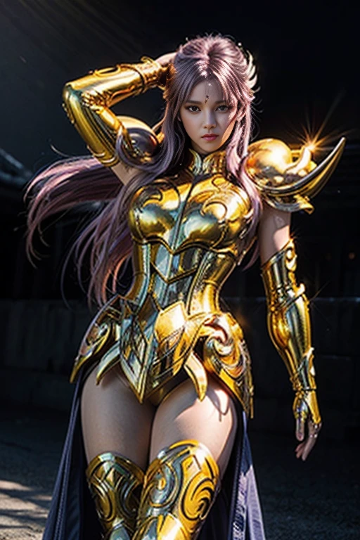 masterpiece, best quality, 超high resolution, Lifelike skin texture, armature, lifelike, high resolution, original photo, shiny skin, Lifelike skin texture, best lighting, spark, dramatic lighting, dynamic poses, starry sky background, night sky, universe, Milky Way, 1 girl, Balanced eyes, Andromeda Shun, pink armor, chest, split, Red hair, Pink helmet, blue eyes, looking at the audience, Big breasts, faint smile, chain,revealing her belly