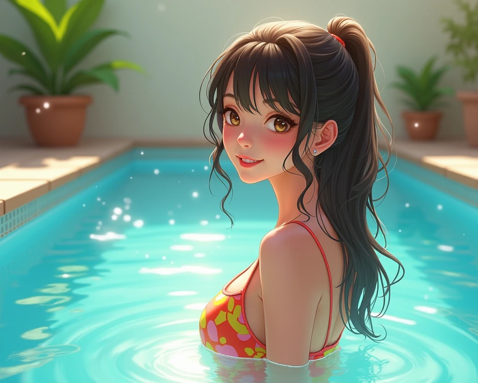 realistic, photo, beautiful, masterpiece, best quality, 1girl, solo, sam yang, swimmer, bikini, stylish bikini, small breast, cleavage, tan line, portrait shot, looking at viewer, detailed face, detailed eyes, detailed hair, partially submerged, outdoor pool, wet skin, wet hair, intricate details, shadow, lighting, ray tracing, high quality water, realistic water, HD, 4k