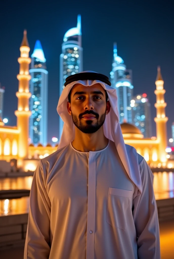 A young man was born at the age of 18, wearing a black qat, a white Qamis, and a black lace, a high back, high buildings