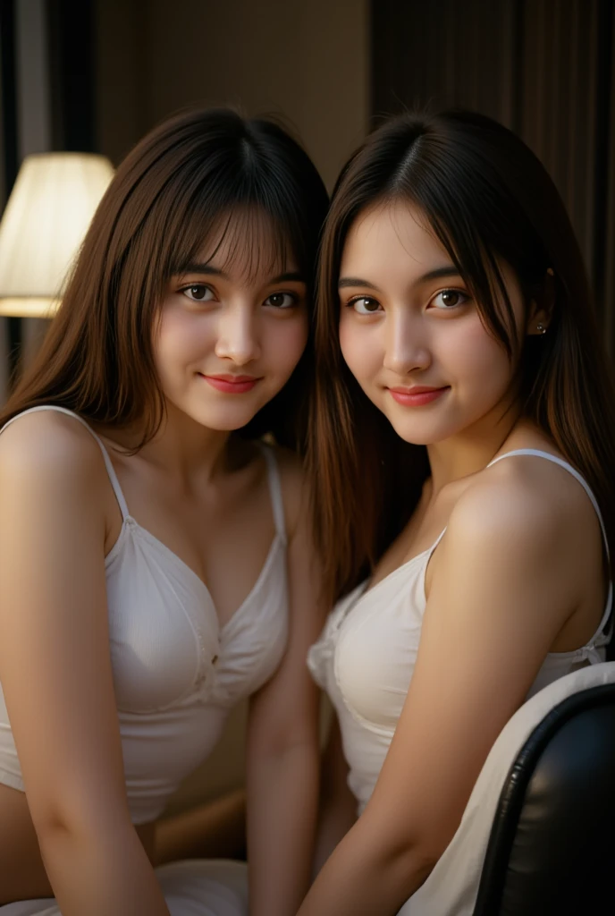 (realistic、masterpiece、Best Quality、8K、highres、high resolution:1.3)、two women in white bikini posing for a picture, with a twin, two girls, sakimichan, twins, beautiful gemini twins portrait, ulzzang, beautiful gemini twins, adult pair of twins, bbwchan, 3/4 bust, cutecore, milky white skin, good young girl, korean girl, yanjun chengt Huge breasts、smile, looking at viewers、super fine face and eyes、long hair、indoor、 upper body、