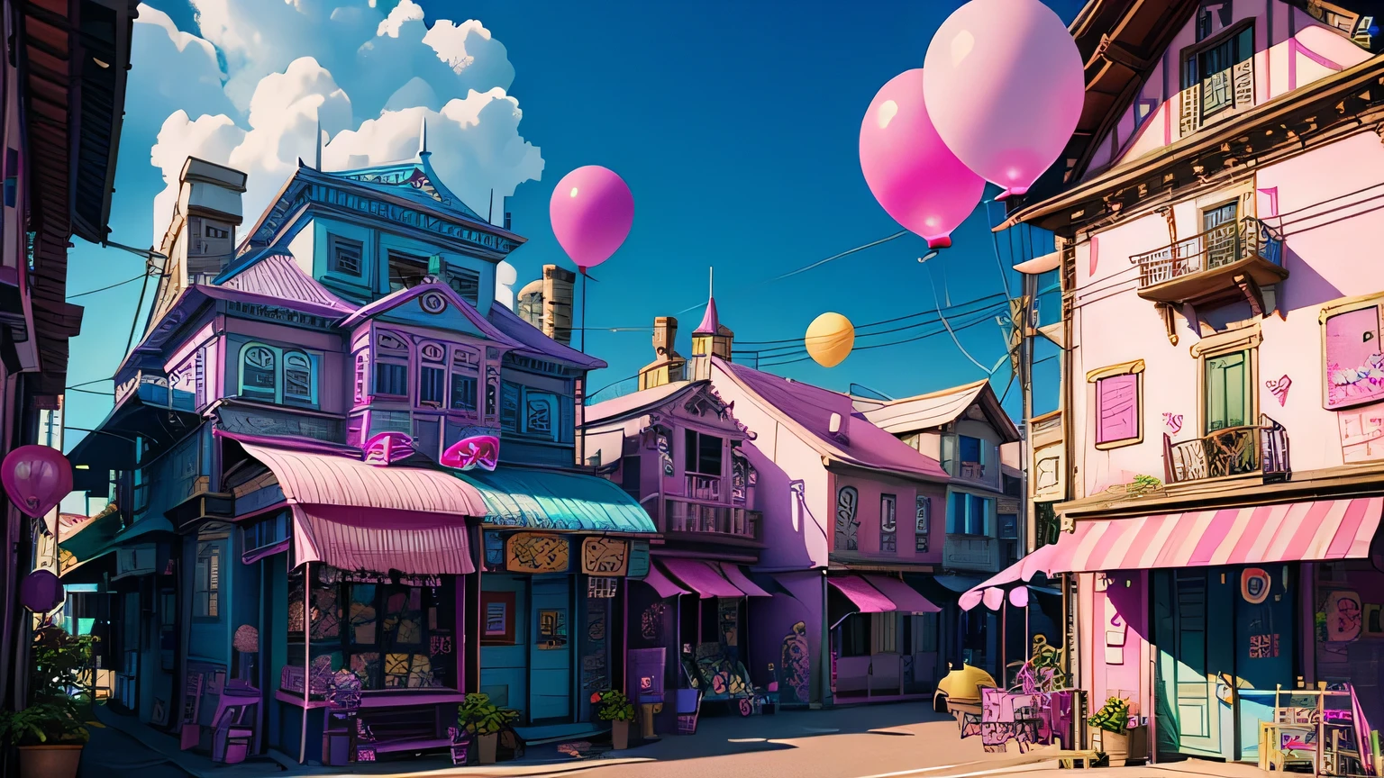 The building is a colorful building、Pink Blue、purple 、orchid plant、Candy Country、Candy Town、Candy House、balloon、Playing card