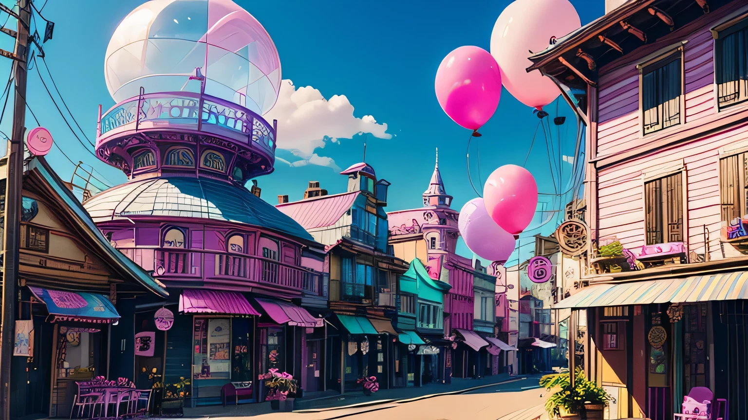 The building is a colorful building、Pink Blue、purple 、orchid plant、Candy Country、Candy Town、Candy House、balloon、Playing card