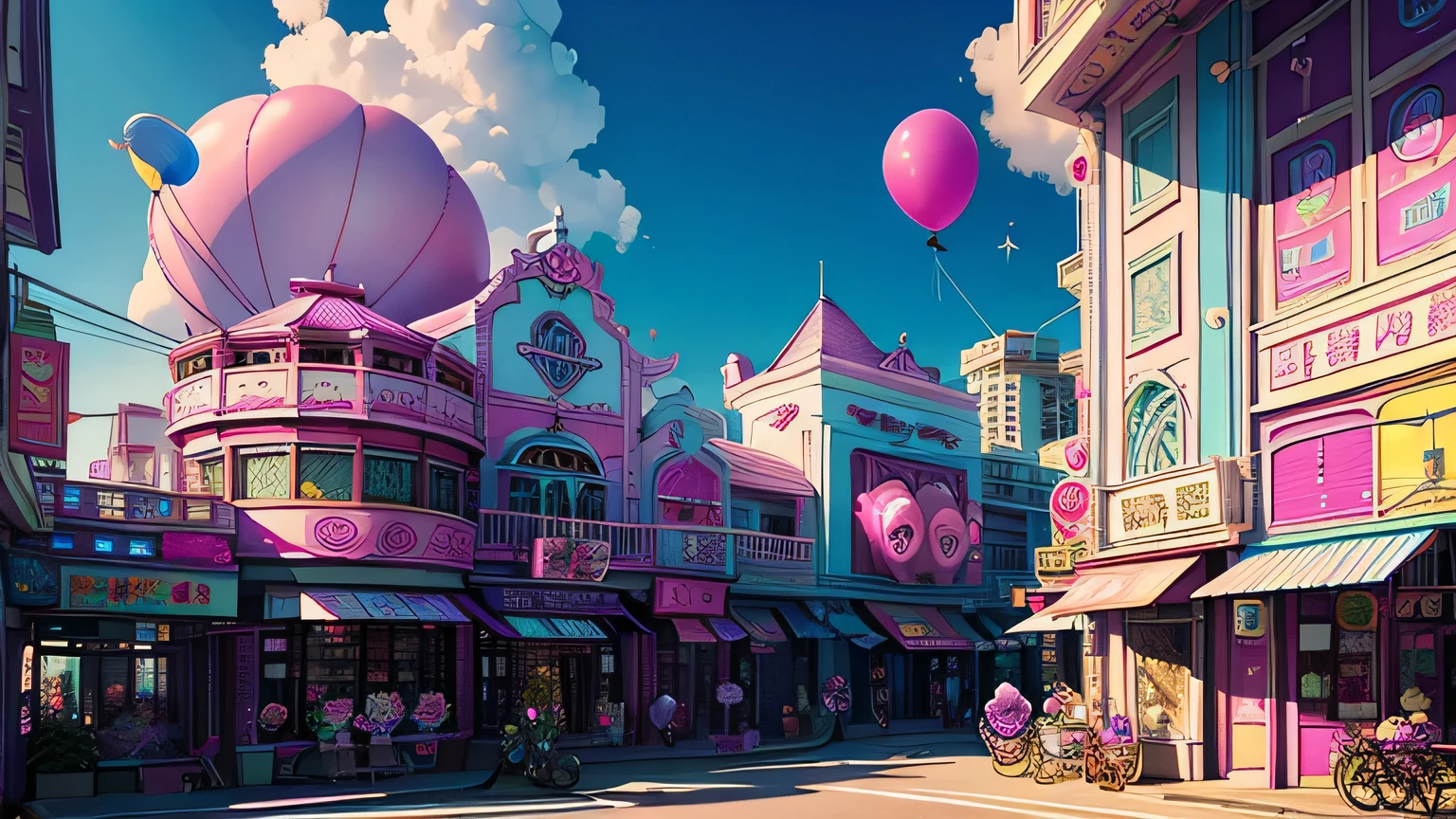 building is a colorful building、Pink Blue、purple 、orchid plant、Candy Country、Candy Town、Candy House、balloon、Playing card、There are lots of sparkling malls here and there