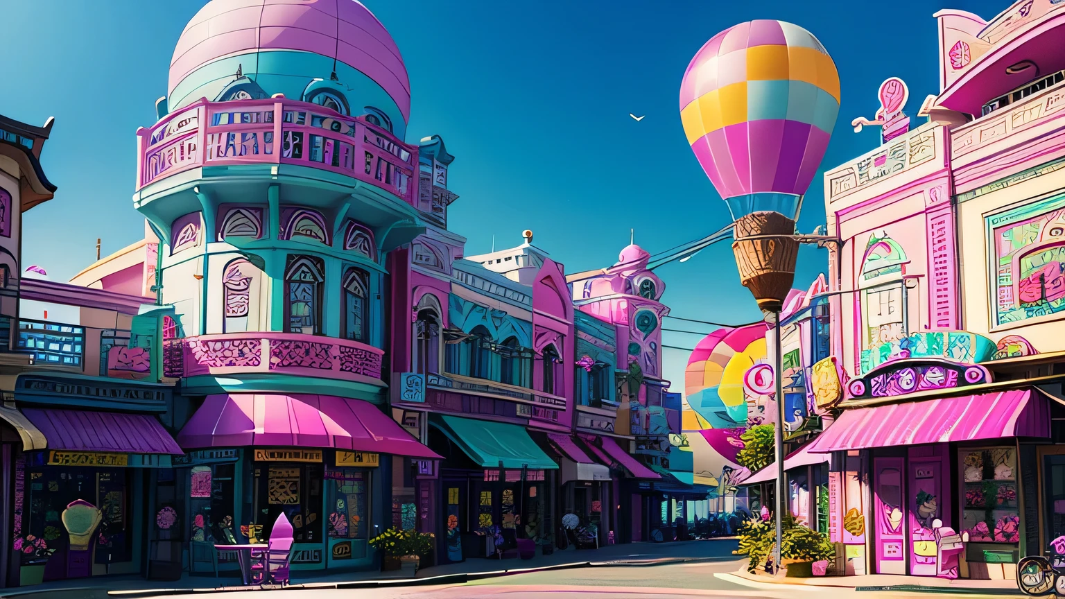 building is a colorful building、Pink Blue、purple 、orchid plant、Candy Country、Candy Town、Candy House、balloon、Playing card、There are lots of sparkling malls here and there、 ice cream shop