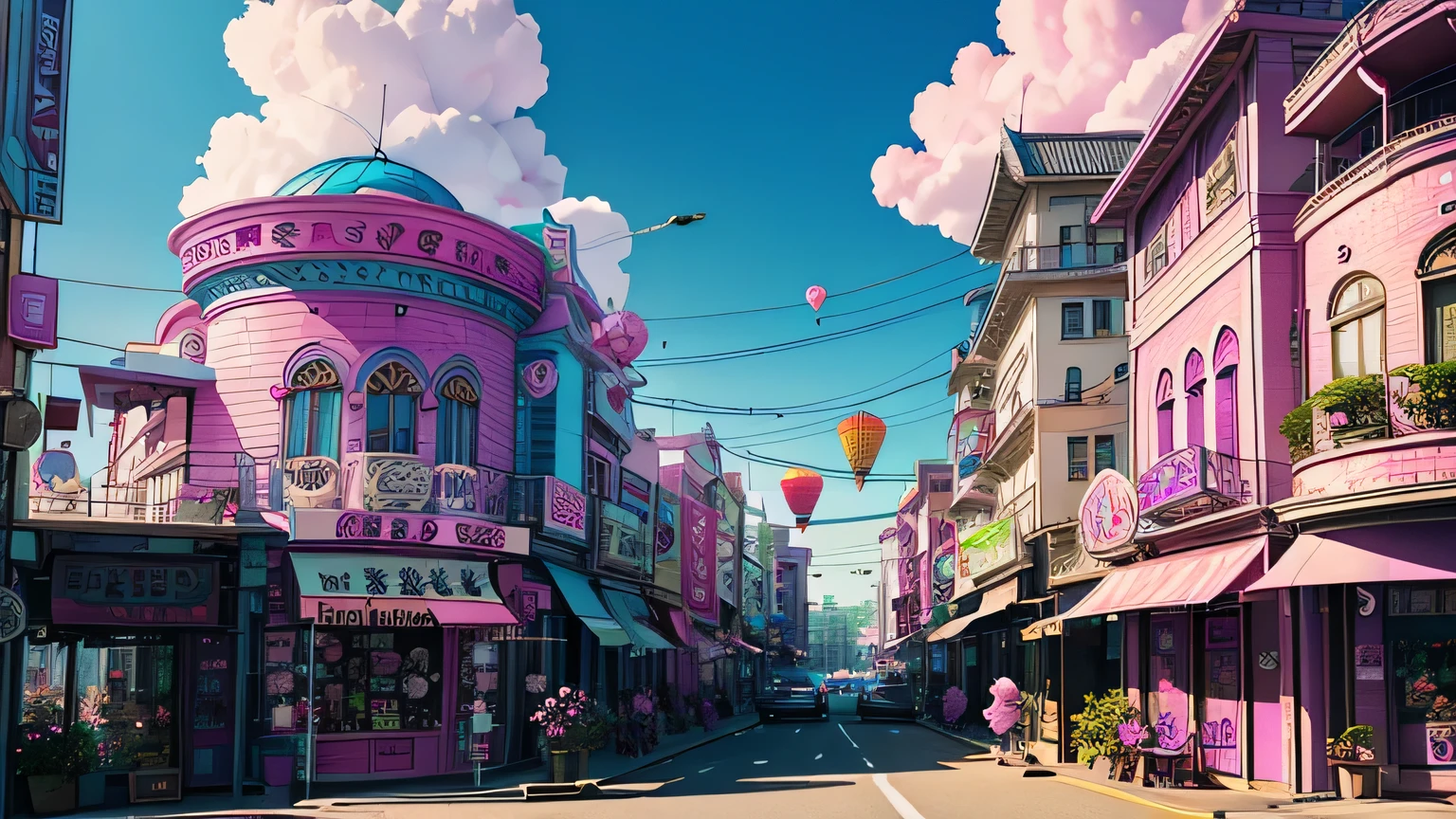 building is a colorful building、Pink Blue、purple 、orchid plant、Candy Country、Candy Town、Candy House、balloon、Playing card、There are lots of sparkling malls here and there、 ice cream shop 
