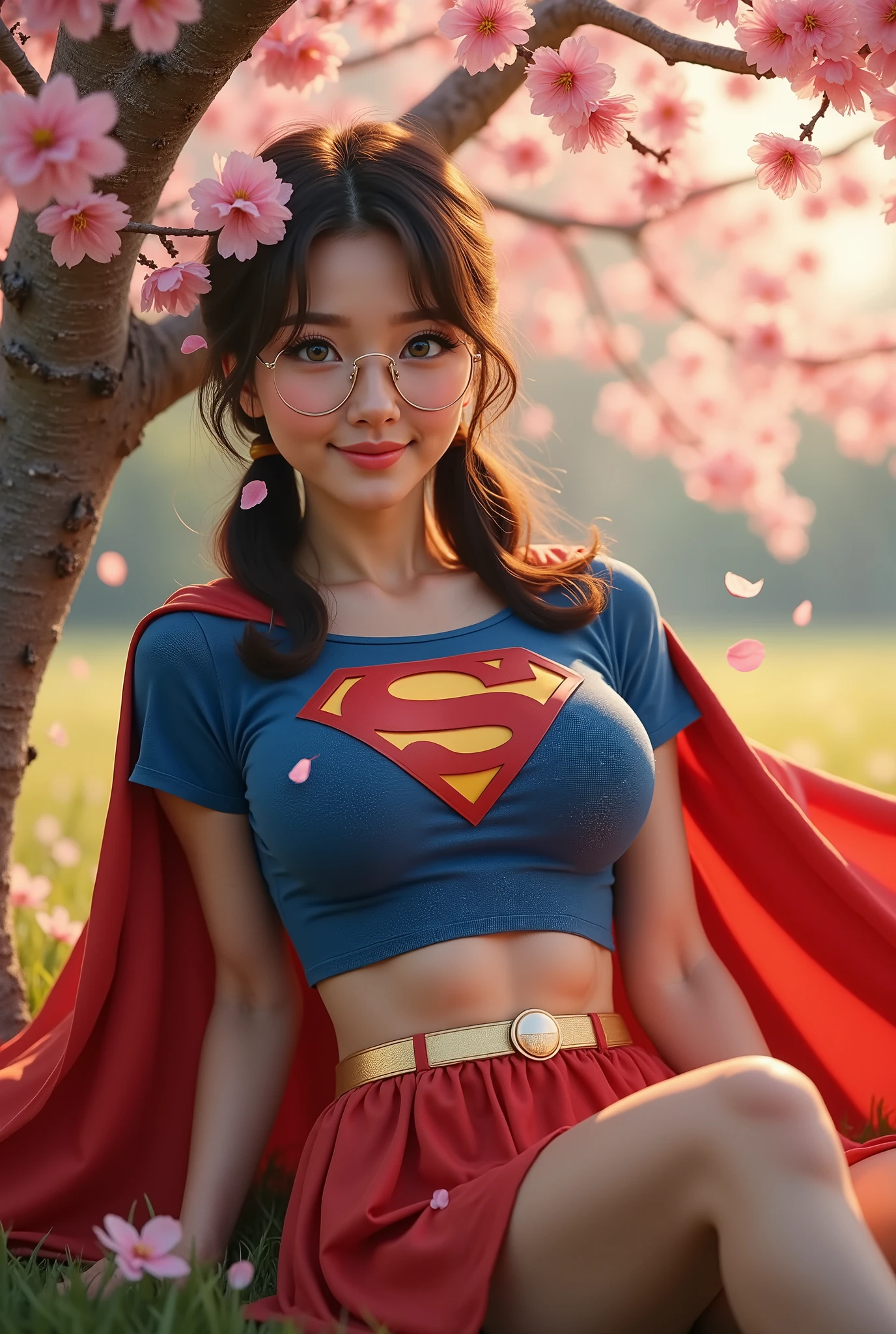 **"A breathtaking, hyper-realistic 8K masterpiece of a stunning, mature Japanese woman with deep blue eyes, elegant glasses, and long dark hair tied into playful pigtails, lying gracefully beneath a majestic cherry blossom tree in full bloom. Soft pink petals drift gently through the warm summer air, some resting on her silky skin and vibrant red cape. She wears a beautifully textured blue spandex Supergirl crop top, its fabric stretching slightly over her voluptuous figure, accentuating the bold red and yellow ‘S’ emblem on her chest. Her short red skirt flutters subtly, revealing a hint of her toned legs, while a golden Supergirl belt cinches at her waist. The soft glow of the setting sun filters through the cherry blossom branches, casting warm golden light over her delicate features, highlighting her long eyelashes and radiant smile.

The polished realism of the scene showcases every intricate detail—from the gentle folds of her costume’s fabric to the way the wind lifts her cape naturally. Her expression exudes warmth and confidence as she gazes towards the viewer, embracing the serene beauty of the moment. The detailed textures, ultra-high resolution, and dynamic lighting create an immersive scene that blurs the line between fantasy and reality."**