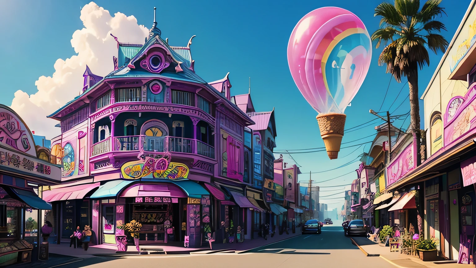 The building is a colorful building、Pink Blue、purple 、orchid plant、Candy Country、Candy Town、Candy House、 soap bubbles、Playing card、There are lots of sparkling malls here and there、 ice cream shop