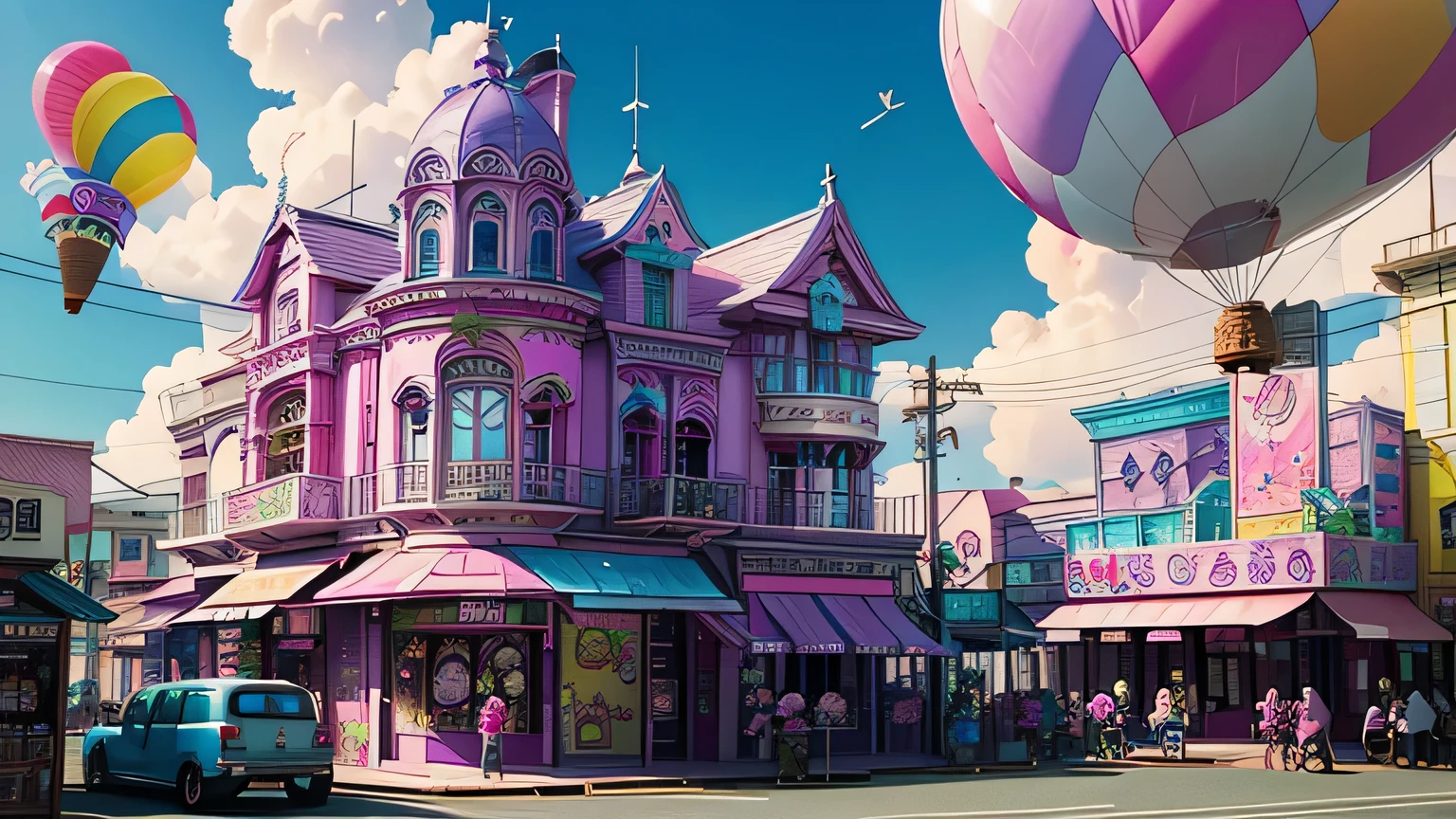 The building is a colorful building、Pink Blue、purple 、orchid plant、Candy Country、Candy Town、Candy House、balloon、Playing card、Lots of glittering malls here and there、 ice cream shop 、Playing cards fluttering in the sky