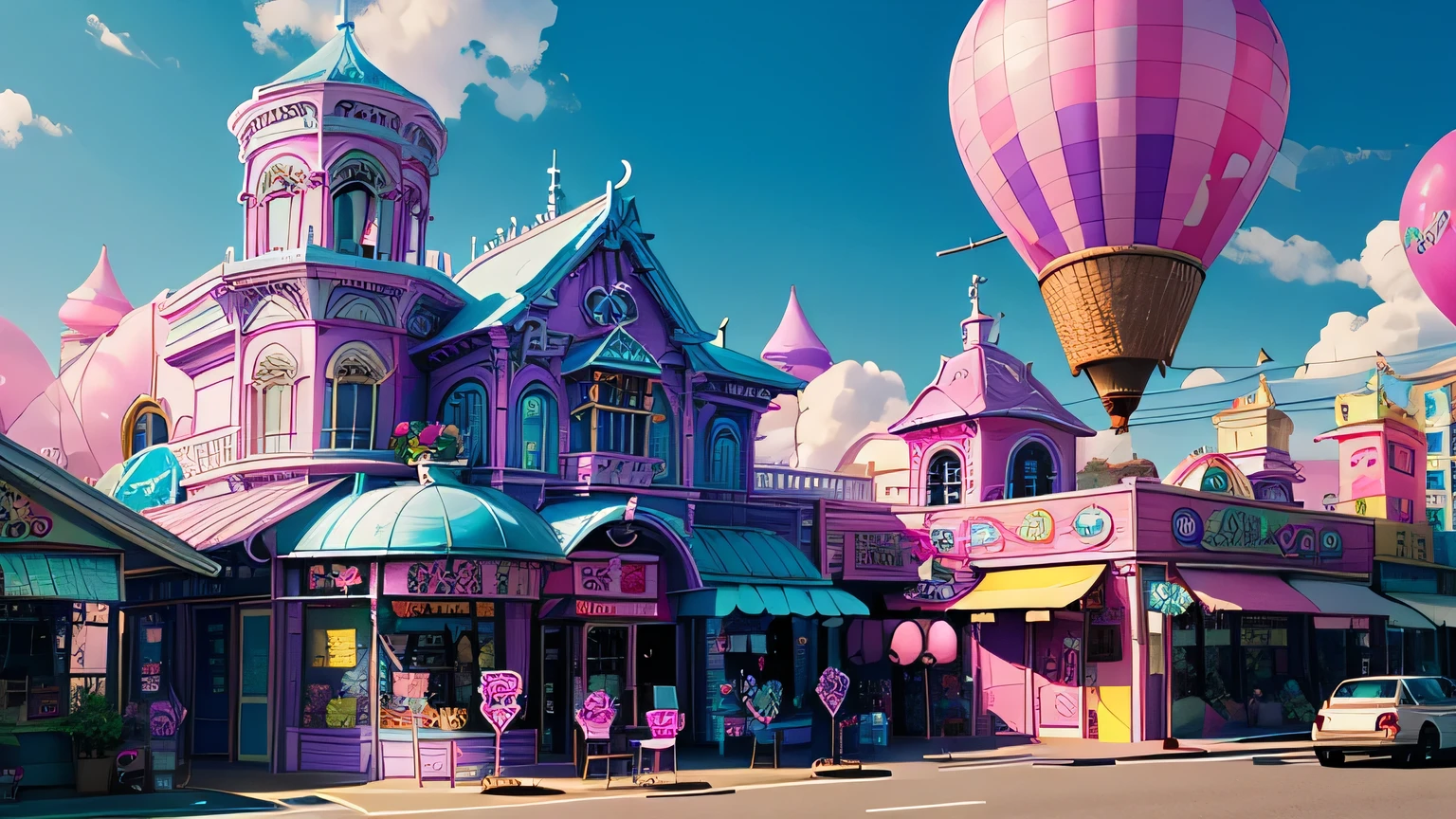 The building is a colorful building、Pink Blue、purple 、orchid plant、Candy Country、Candy Town、Candy House、balloon、Playing card、Lots of glittering malls here and there、 ice cream shop 、Playing cards fluttering in the sky