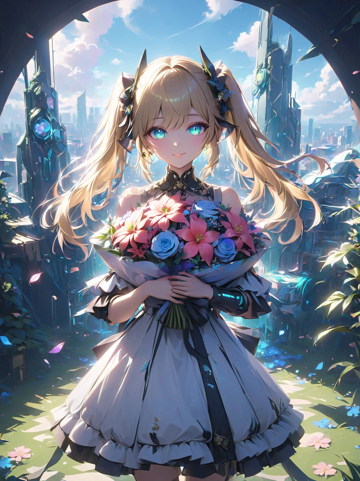 High resolution, Winner of numerous awards, Ultra high definition, Textured skin, Retina, 
masterpiece,(bestquality),highlydetailed,ultra-detailed,1girl, （)（robot）(fantasylandscape:1.2,natural lighting:1.5,confidentexpression),(panorama:1.2),mecha, smile,angle、chrome,raw（Blonde beautiful girl:1.5）White Dress👗(美しいbouquet💐を手に持つ、Point it at me:1.6)(Machine Angel)Angel&#39;s wing、bouquet💐を持つ(bouquet、Hold the bouquet in both hands and offer it to her:1.7)bouquetをプレゼント(Mechanical Wing Unit、White Dress👗:1.5)