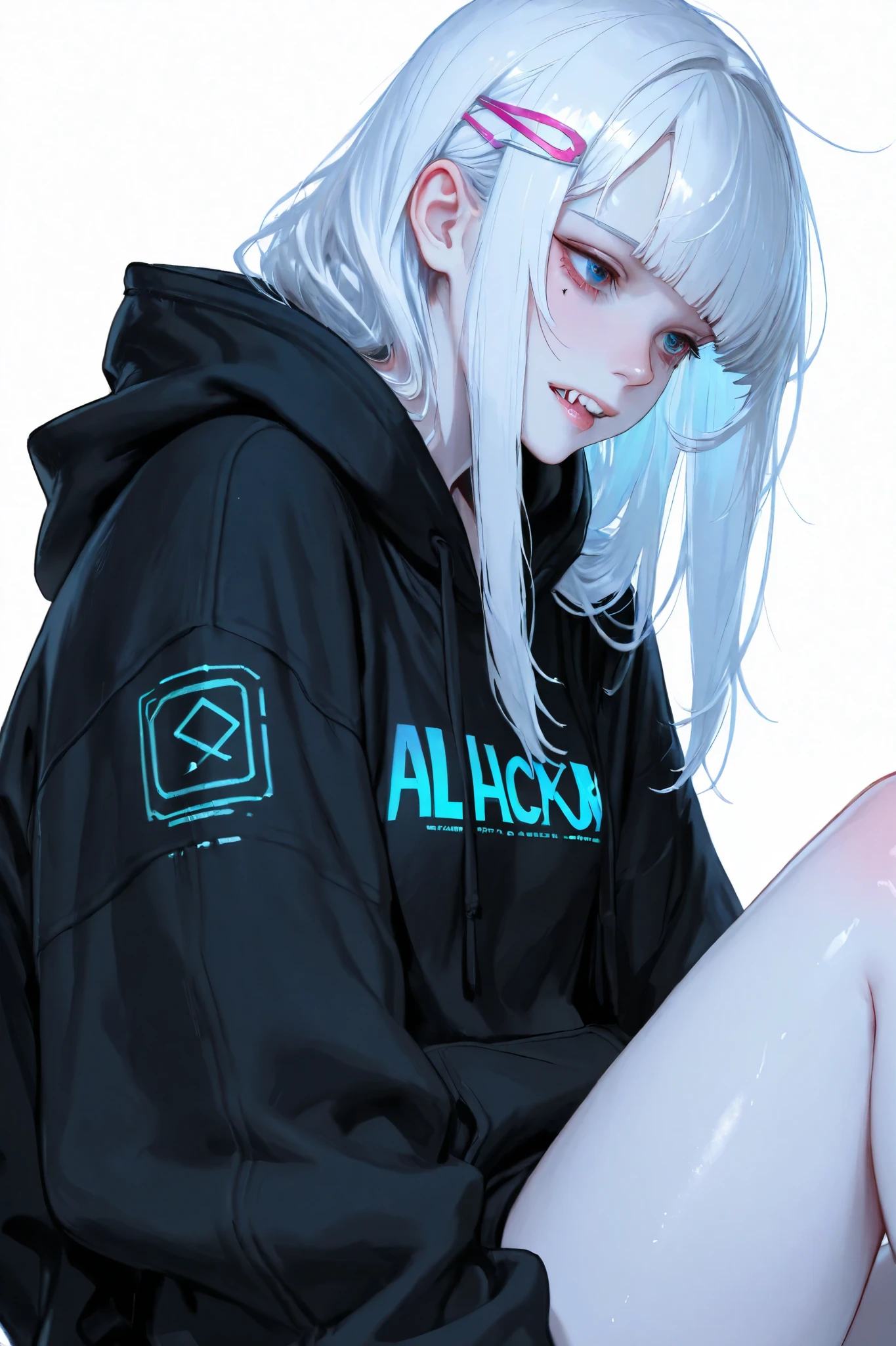 "girl with bright white hair , Hime cut ,  light skin, and  , A.  black hoodie  .  A girl is sitting  , boy with futuristic clothes is sitting , makes me fully focus on the girl's personality , A girl, Solo, High Resolution, 걸작, anatomically accurate, quality, high detail with stars, high definition model, 높은 quality, quality, smooth skin, ultra high definition,  cyberpunk ,snaggletooth,  hair clip ,  cyberpunk