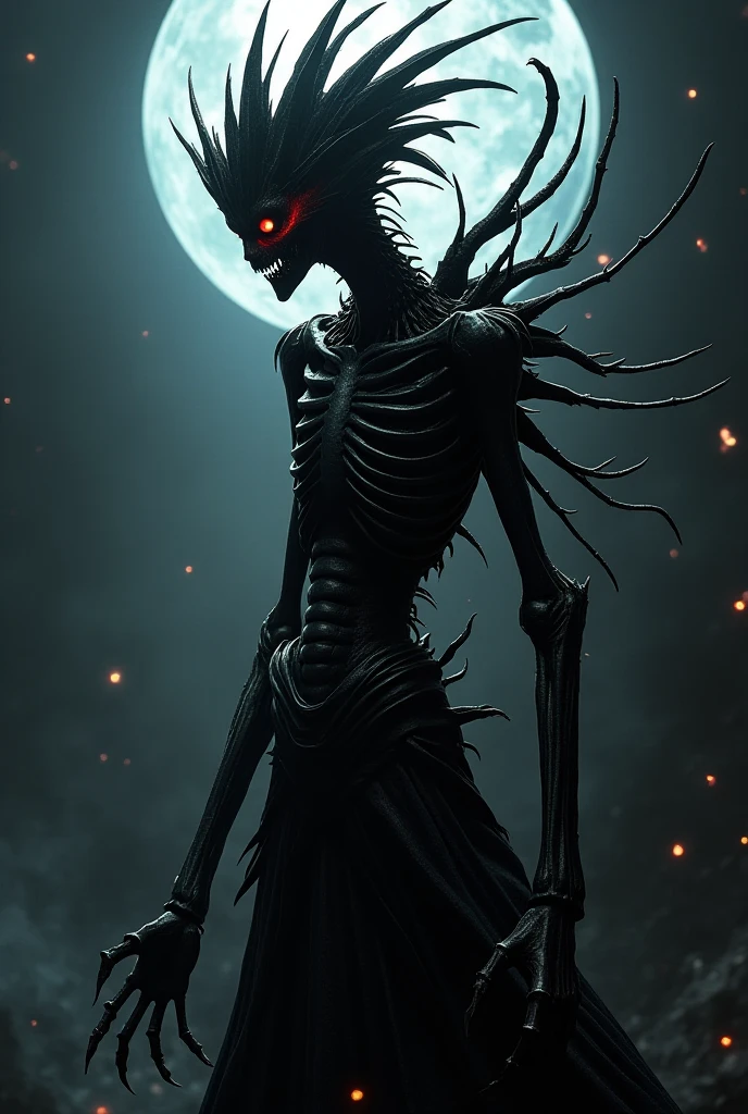 A nightmarish humanoid monster with a face and body that trigger tryphophobia, covered in barnacles, emanating an eldritch horror. It has writhing spikes, skeletal details, skinny and devoid of skin.