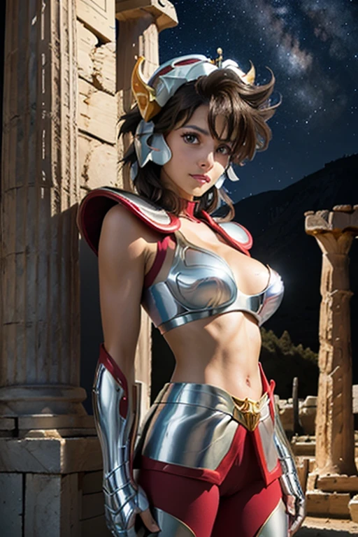 masterpiece, best quality, ultra high res, realistic skin texture,silver armor, armature, (photorealistic:1.4), high resolution, raw photo, 1 girl, shiny skin, (detail skin:1.2), realistic skin texture, best lighting, wearing red panty, (perfect breast:1.3), sparkle, mecha armor, (short hair:1.2), (Pegasus Seiya:1.2), wearing a winged helmet, dramatic lighting, dynamic pose, (greek temple background:1.3), night sky, cosmos, milky way,
