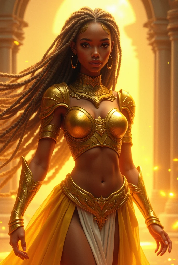 (best quality, masterpiece), A beautiful brown woman, futuristic armor, black curly hair, black eyes, futuristic war background, backlit, rimlight, perfect composition, raudha athif,