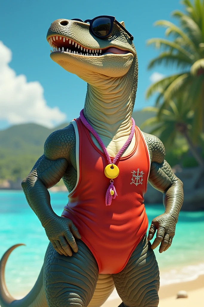 A muscular crocodile with a detailed and human-like head sits confidently on a large rock in the ocean.   He wears white shorts, a gold belt with a gold Gucci logo and trendy white sneakers.   A gold necklace was worn around his neck, and he had several rings on his wrist.   The backdrop features luxurious oceans and islands under a clear blue sky that provides a refreshing and serene feeling.