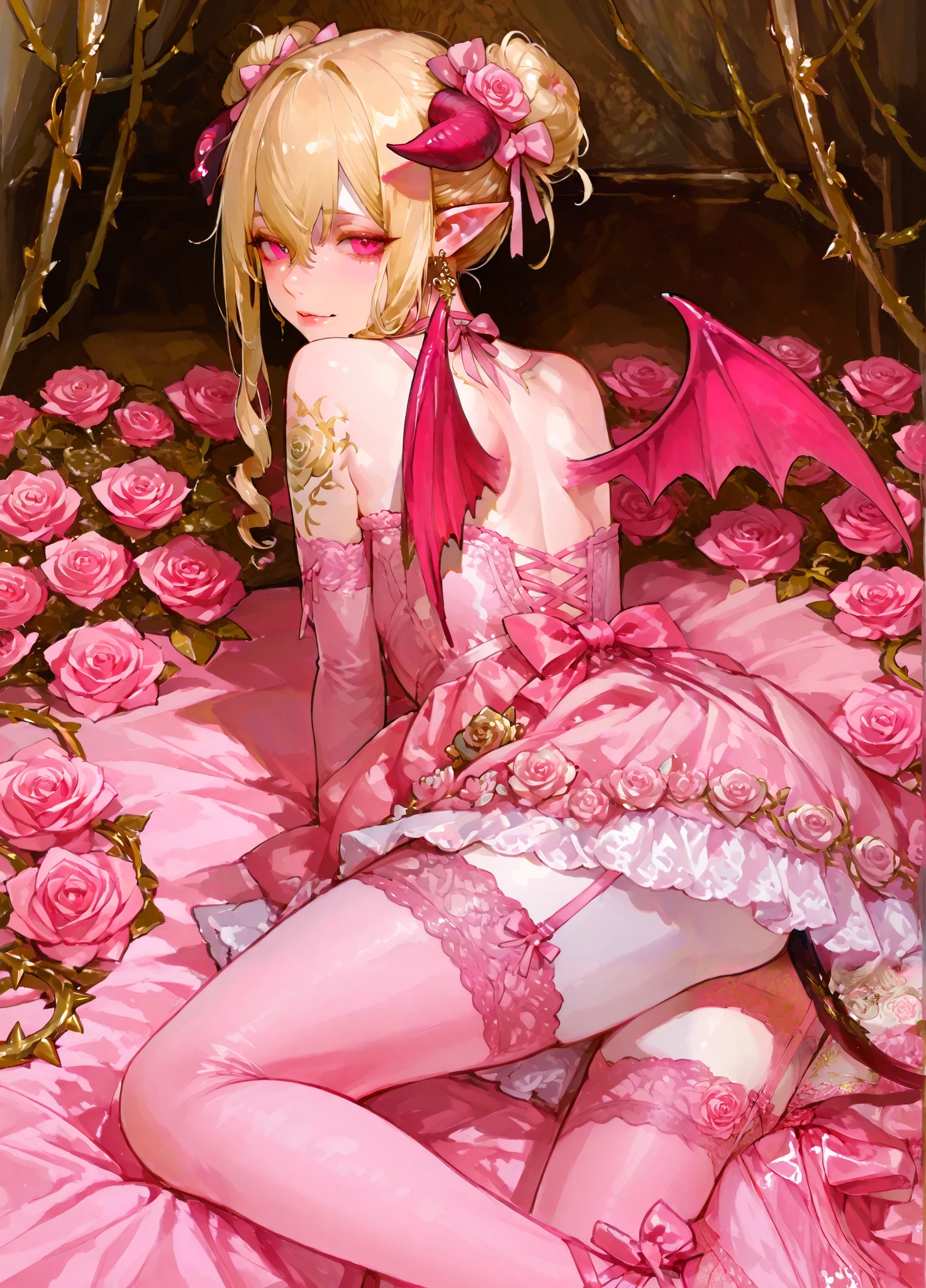 The   mature adult woman is a demonic entitie - succubus. she has light blonde curly hair gathered in one single hair-bun, some curls are escaping from her hairstyle. Her eyes are fuchsia pink with narrow pupil. she has a pointy-ears with gold rose earrings.  She has golden and pink tattoos of roses and demonic sigils of lust on her pale skin. She has pink/white sharp horns on her head , pink/white demon wings on her back, decorated with pink roses and golden spiked vines. She is wearing a pink Baroque styled mini dress with many pink roses ,  raffles, bows, laces. on her elegant legs dressed in stocking with a garters. She has a pink/white devilish pointy spiky demonic tail decorated with golden ornaments and pink roses. She wears pink shoes decorated with big bows and roses.   Around her is  bright Baroque room decorated by gold/marble vases with pink and White roses.