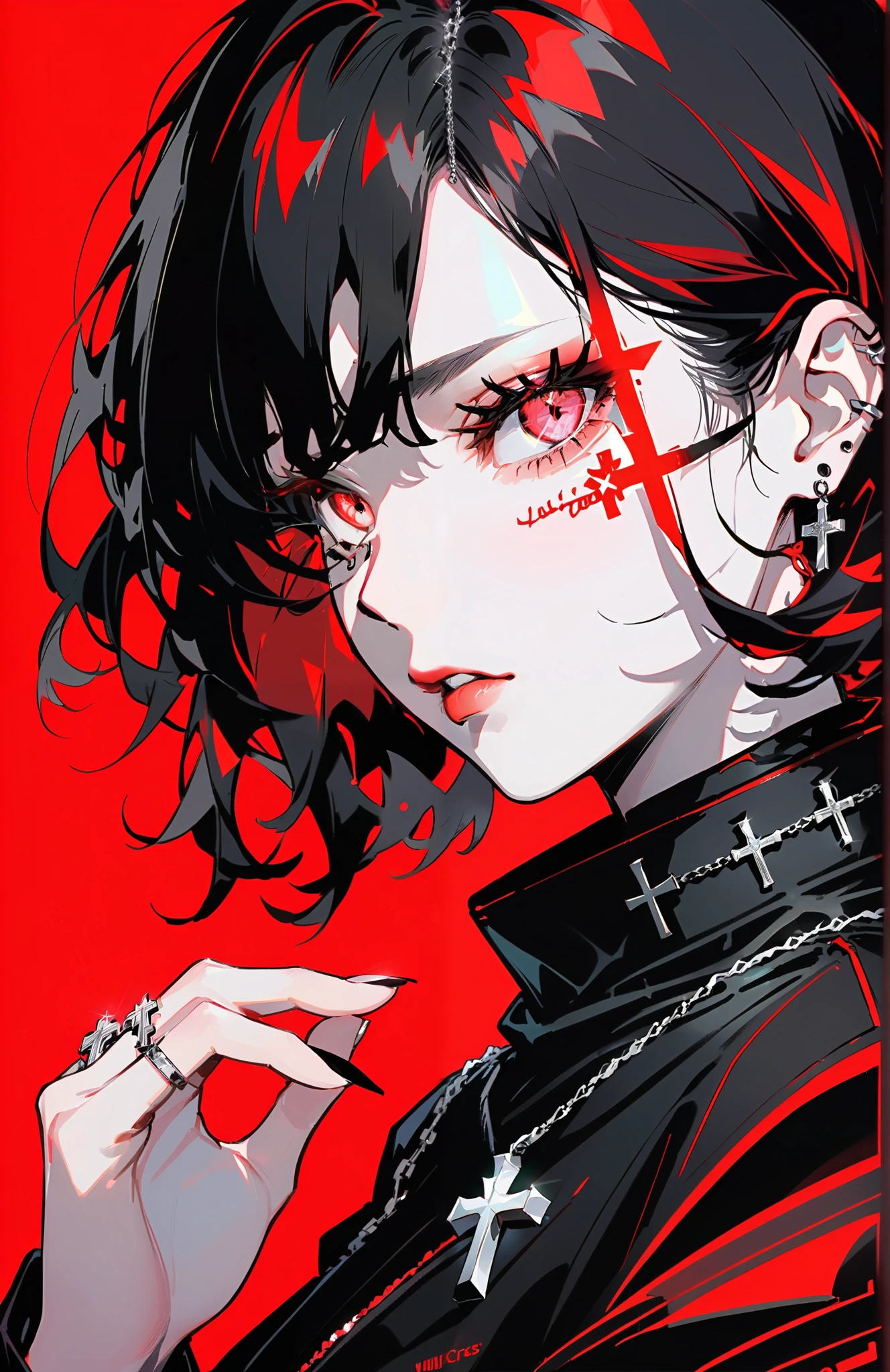 Illustrator,It is true ,draft , 1 woman,Lips, order, gradient red background, Neon hair,Texture Trim, burserk charecter , ( Masterpiece,Highest quality), Wearing a black suit , conjunctivitis , Black wavy hair , has a silver cross necklace, jewelry on the silver arms reflect light., shut your mouth, Seriously, the ring on the head , side view
