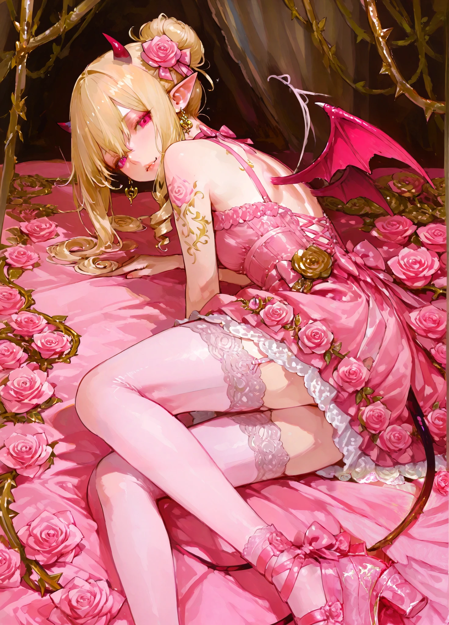 The mature adult woman is a demonic entitie - succubus. she has light blonde curly hair gathered in one single hair-bun, some curls are escaping from her hairstyle. Her eyes are fuchsia pink with narrow pupil. she has a pointy-ears with gold rose earrings. She has golden and pink tattoos of roses and demonic sigils of lust on her pale skin. She has pink/white sharp horns on her head , pink/white demon wings on her back, decorated with pink roses and golden spiked vines. She is wearing a pink Baroque styled mini dress with many pink roses , raffles, bows, laces. on her elegant legs dressed in stocking with a garters. She has a pink/white devilish pointy spiky demonic tail decorated with golden ornaments and pink roses. She wears pink shoes decorated with big bows and roses. Around her is bright Baroque room decorated by gold/marble vases with pink and White roses.