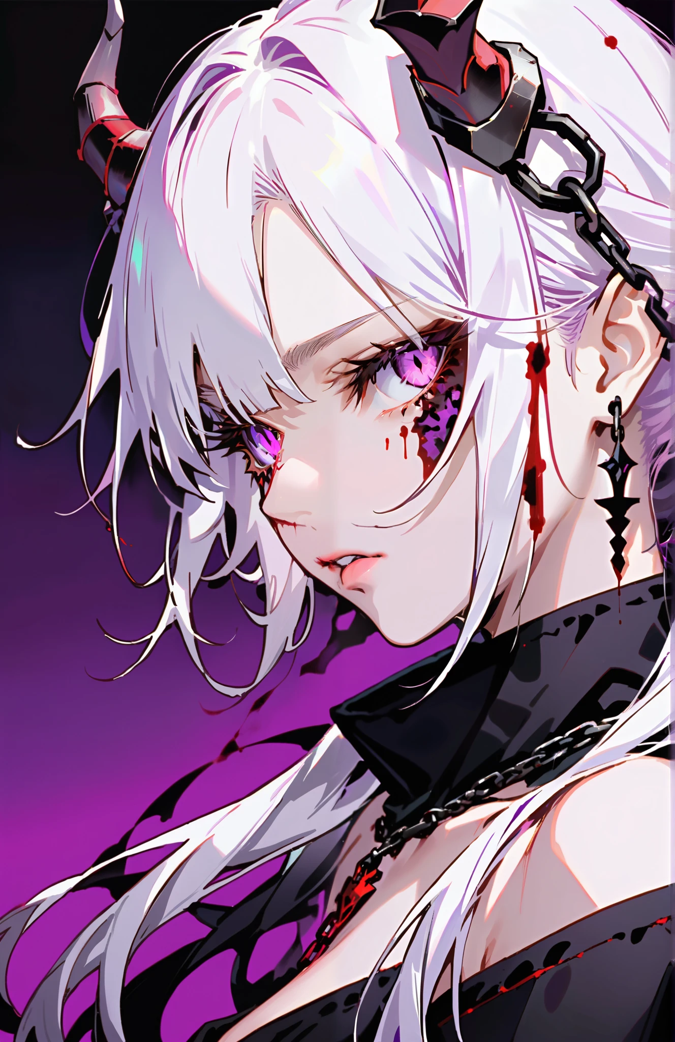 Illustrator,It is true ,draft , 1 woman, detailed Lips, order,  gradient purple background, Neon hair,Texture Trim, burserk charecter , ( Masterpiece,Highest quality), Wearing a black dress , conjunctivitis , white long hair ,  very long hair, blood necklace,  mature, horned, shut your mouth, serious look, the ring on the head , chain, side view