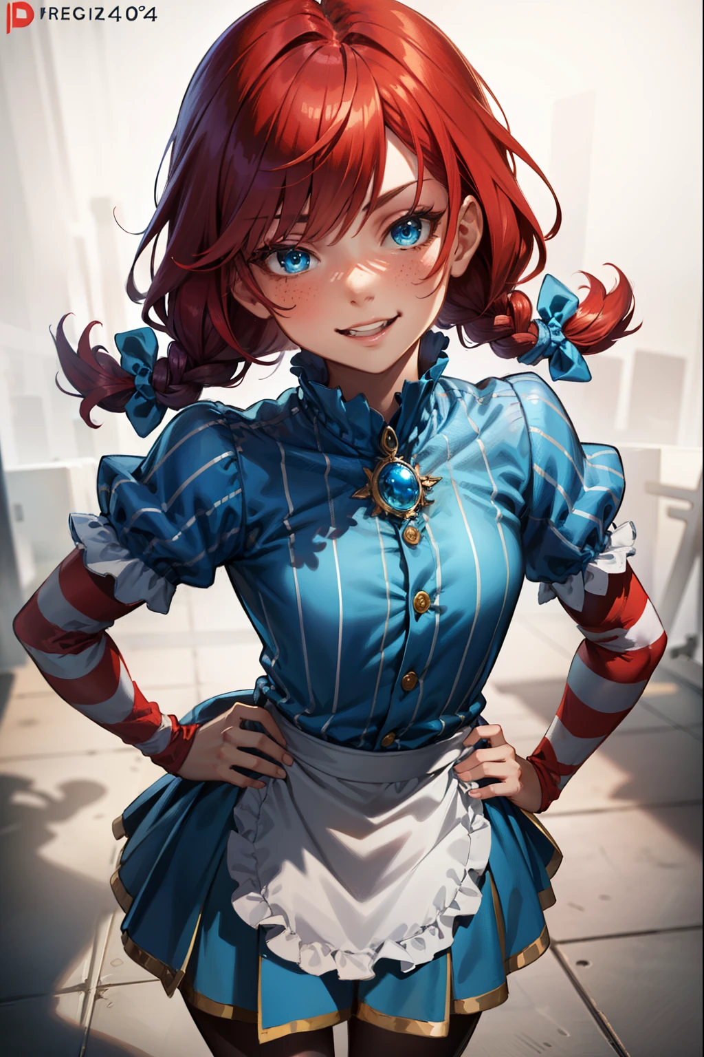 (extremely detailed CG unity 4k wallpaper),(best illustration),(best shadow),(absurdres), simple background), zzwendy, red hair, blue eyes, apron, brooch, hair bow, sidelocks, striped, petite figure, Small bust size, Looking at viewer, Smug, Happy, Flirty, hands on hips, cocked hips,