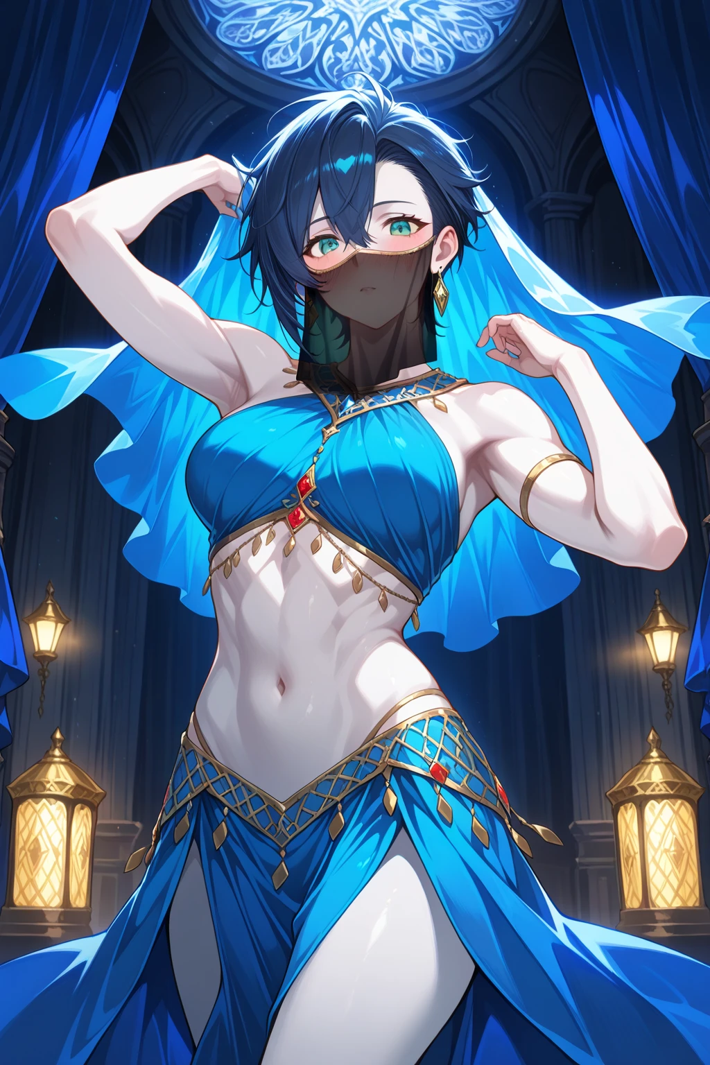 (1girl in:1.2), (Solo:1.2), masutepiece, nffsw、Shaders、Brilliant Textured Work、Ultra-detailed eyes、ultra-intricate pupil in eyes、top-quality、purple color  hair、length hair、Yellow eyes、Belly Dance Costumes、Face Veil、Luxury Jewelry Accessories、diamond、ruby、sapphires、Emeraude、pearls、Raw feet、Navel、large full breasts、underboob、sideboob barbosa、Dancing、seducting smile、thin-waist、skinny legs、(dark skin:1.2)、(Face Veil:1.5)、(A thin cloth to cover the mouth:1.5)、