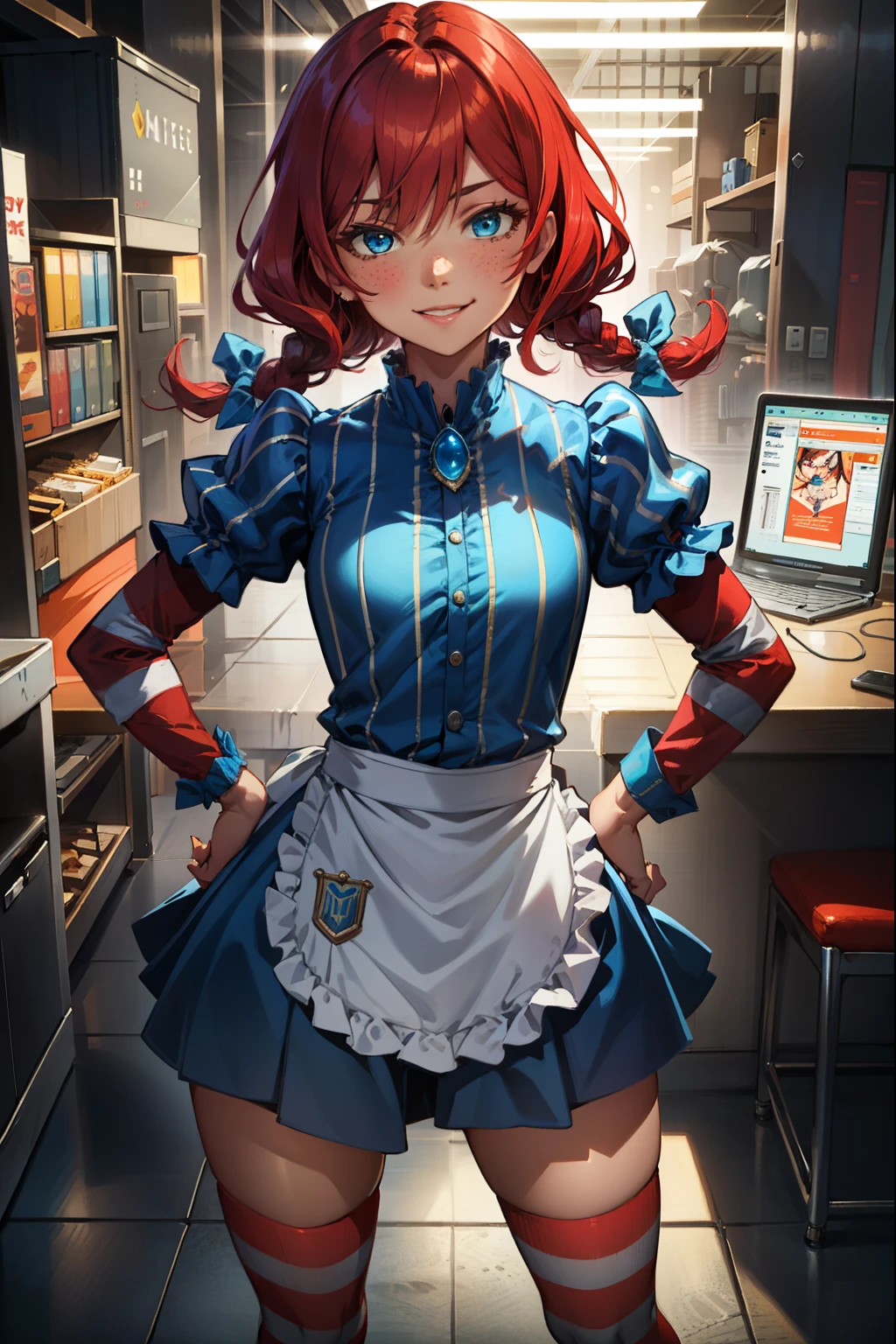 (extremely detailed CG unity 4k wallpaper),(best illustration),(best shadow),(absurdres), simple background), zzwendy, red hair, blue eyes, apron, brooch, hair bow, sidelocks, striped, petite figure, Small bust size, Looking at viewer, Smug, Happy, Flirty, hands on hips, cocked hips,