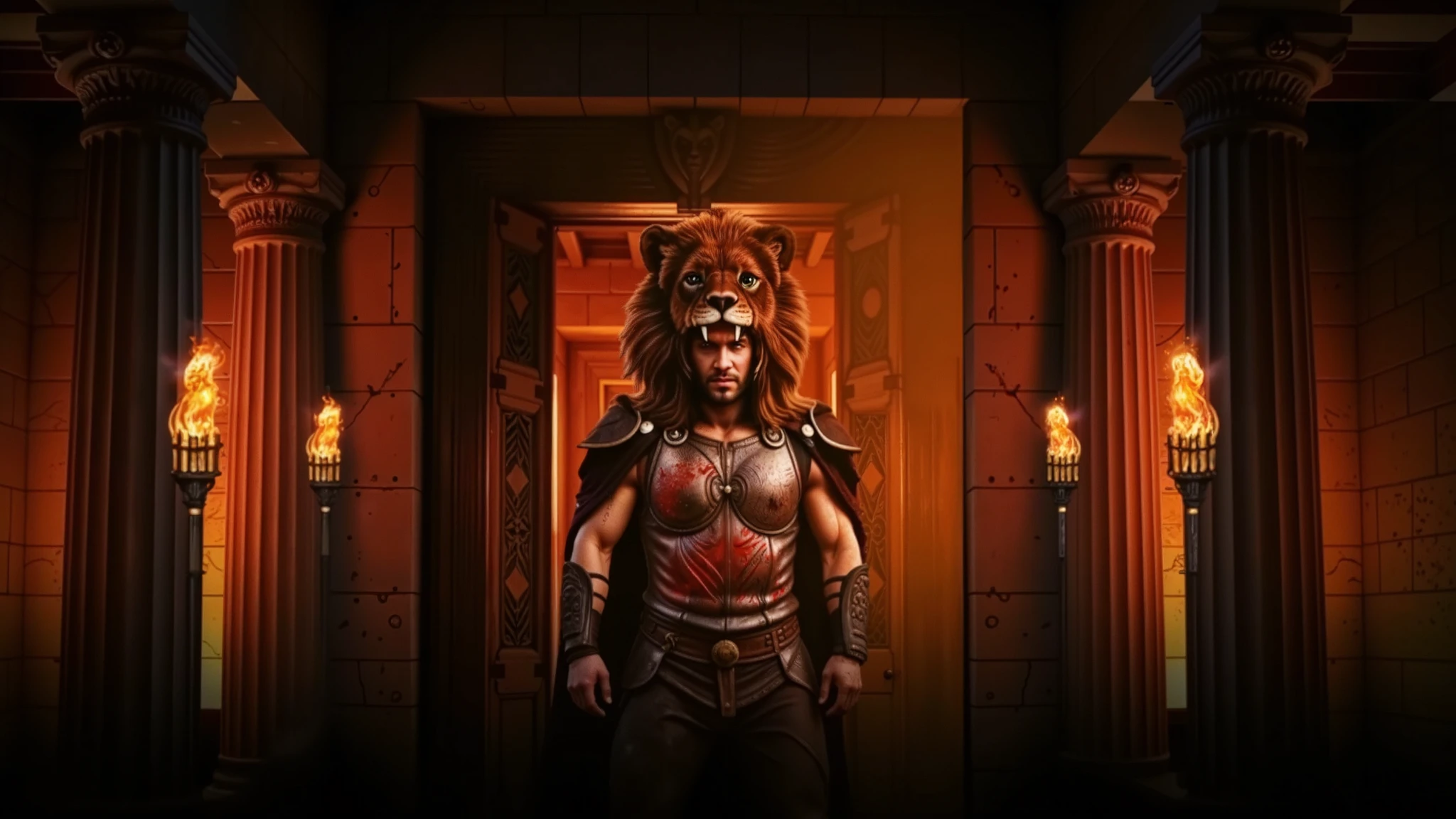 Hercules wearing his lion armor. His helmet is the head of a lion. The scene is realistic with a wide frame. His armor is dirty with dust and blood, and his cape is dusty. blood, dust, greece, action, walking.