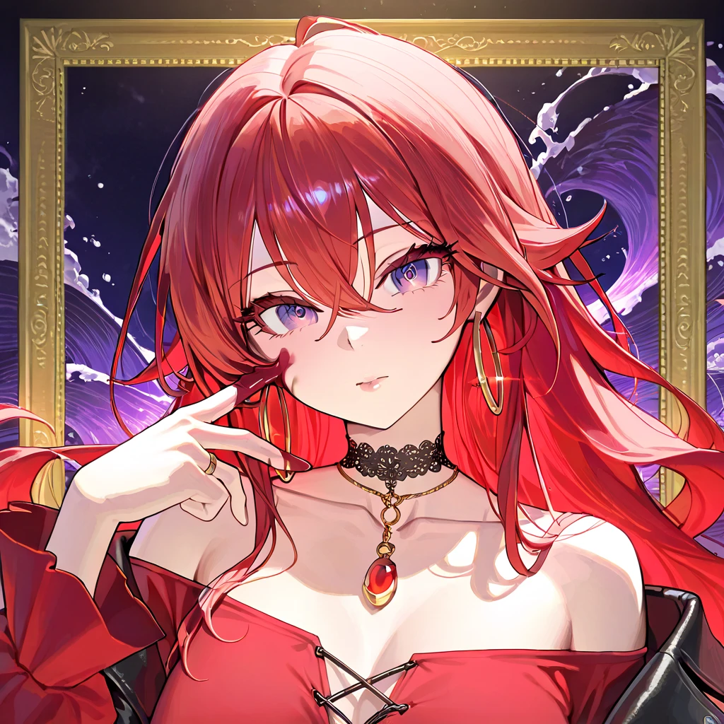 A closeup of a woman in a red suit with a chain around her neck, knights of zodiac girl, Saint Seiya, portrait knights of zodiac girl, Dia de Joana, Ciborgue sereia com um chicote laser, Angewoman Glamorous Digimon, em jojo\A Aventura Bizarra, Senhora Palutena, Arte do local, inspirado em Bartolomeo Vivarini, Torres, rosto detalhado, foto de corpo inteiro