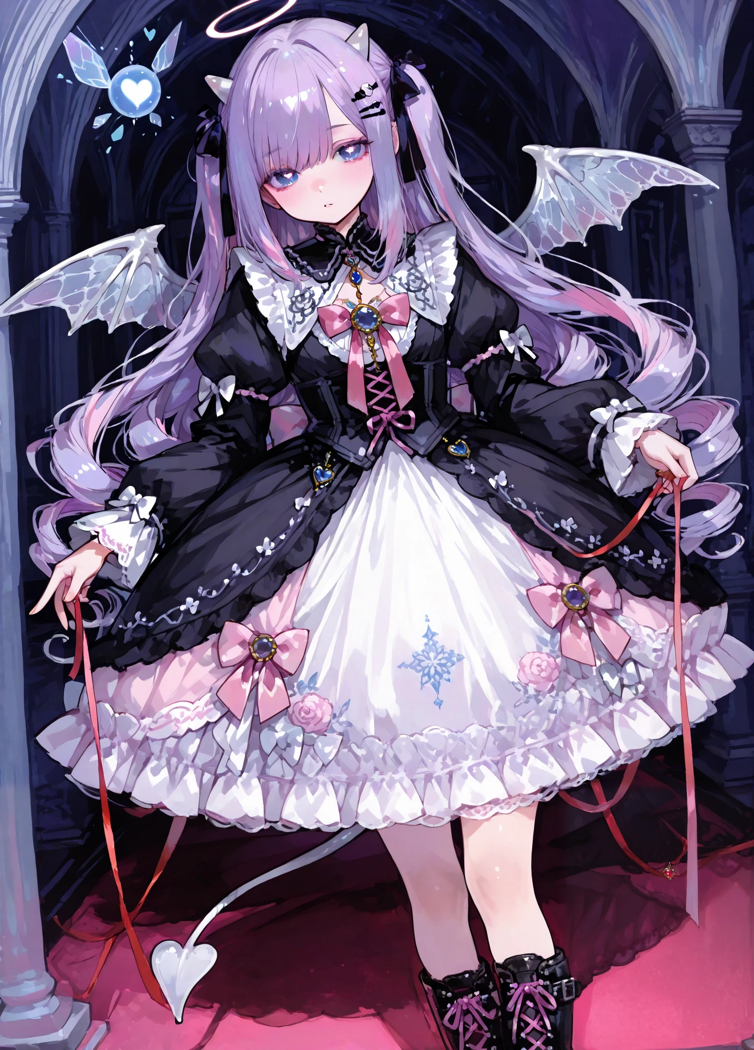 The girl is a devil/ pastel goth. She has very long curly puffy purple hair with pink highlights with many white bow-hairpins. She has a bat wings onher head. She has navi blue eyes with hearts-shape pupils. She has long white horns with pink ribbons. white webbed wings on the back and a white devil's tail with a little pink bow on it's tip. She is wearing a pink-white ta pastel goth dress with ribbons and bows with long puffy sleeves that hide her palms. She has a puffy collar with a red ribbon and a blue jewelry gemstone on her chest. She has long legs dressed in pink lace-up boots and white with bows. She is walking around in a pink and black Gothic room is furnished with mannequins decorated with purple ribbons to which the scissors are tied up to it.
