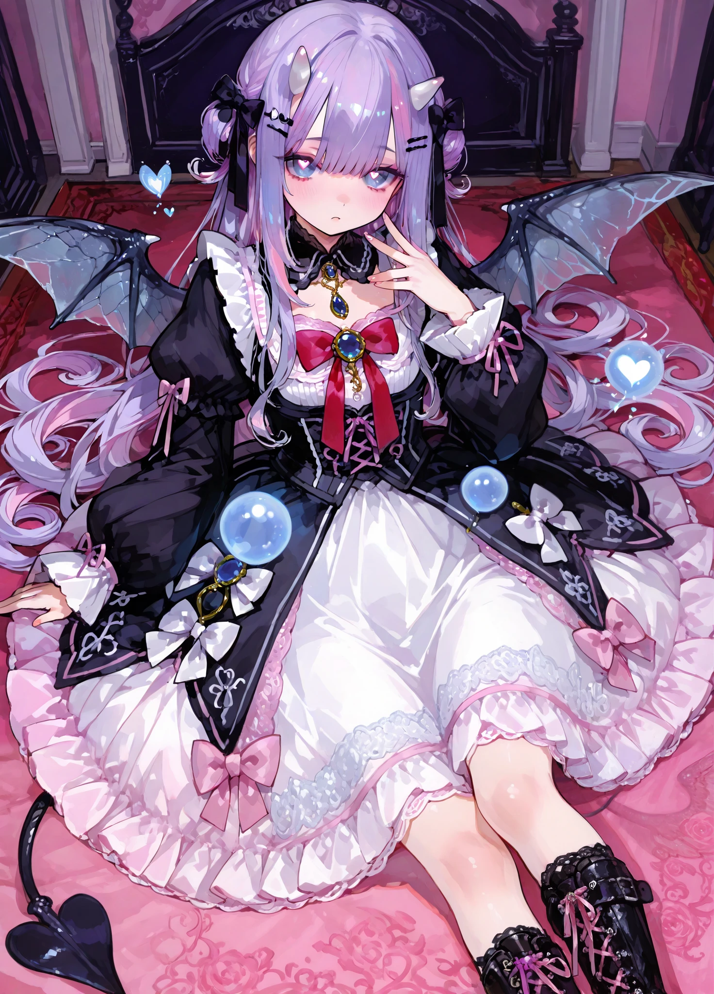 The girl is a devil/ pastel goth. She has very long curly puffy purple hair with pink highlights with many white bow-hairpins. She has a bat wings onher head. She has navi blue eyes with hearts-shape pupils. She has long white horns with pink ribbons. white webbed wings on the back and a white devil's tail with a little pink bow on it's tip. She is wearing a pink-white ta pastel goth dress with ribbons and bows with long puffy sleeves that hide her palms. She has a puffy collar with a red ribbon and a blue jewelry gemstone on her chest. She has long legs dressed in pink lace-up boots and white with bows. She is walking around in a pink and black Gothic room is furnished with mannequins decorated with purple ribbons to which the scissors are tied up to it.