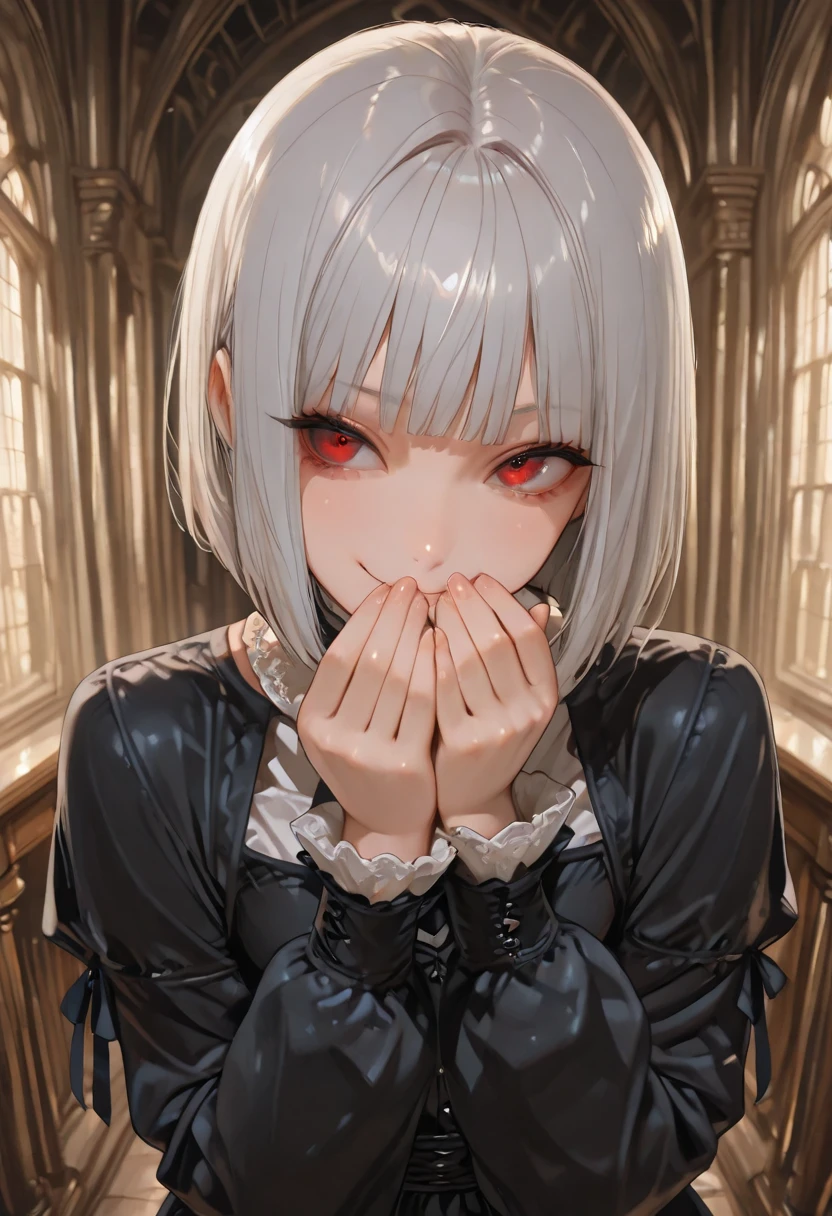 (masterpiece:1.3), (8k、best quality:1.3), (1 girl), (Alone), (cute, little:1.3), (very cute face:1.3), (Beautiful Face with Perfect Symmetry), (perfect anatomy), ( high detail skin ), Anime Girl Rendering, Beautiful Silver Hair Bob Cut, Intense red eyes, strong eye highlights , (Gothic Fashion), (Dracula the Vampire), ( Gothic Architecture ), (Vampire Girl Standing in the Center of the Hall), (Bats Flying Around the Girl), Bat Shaped Accessory, looking back, is smiling, Hiding Her Mouth with Her Hands, upper body closeup, Volume Lighting, soft light on pussy, bright, neon, bright色, , pop art style with your hands touching your cheeks