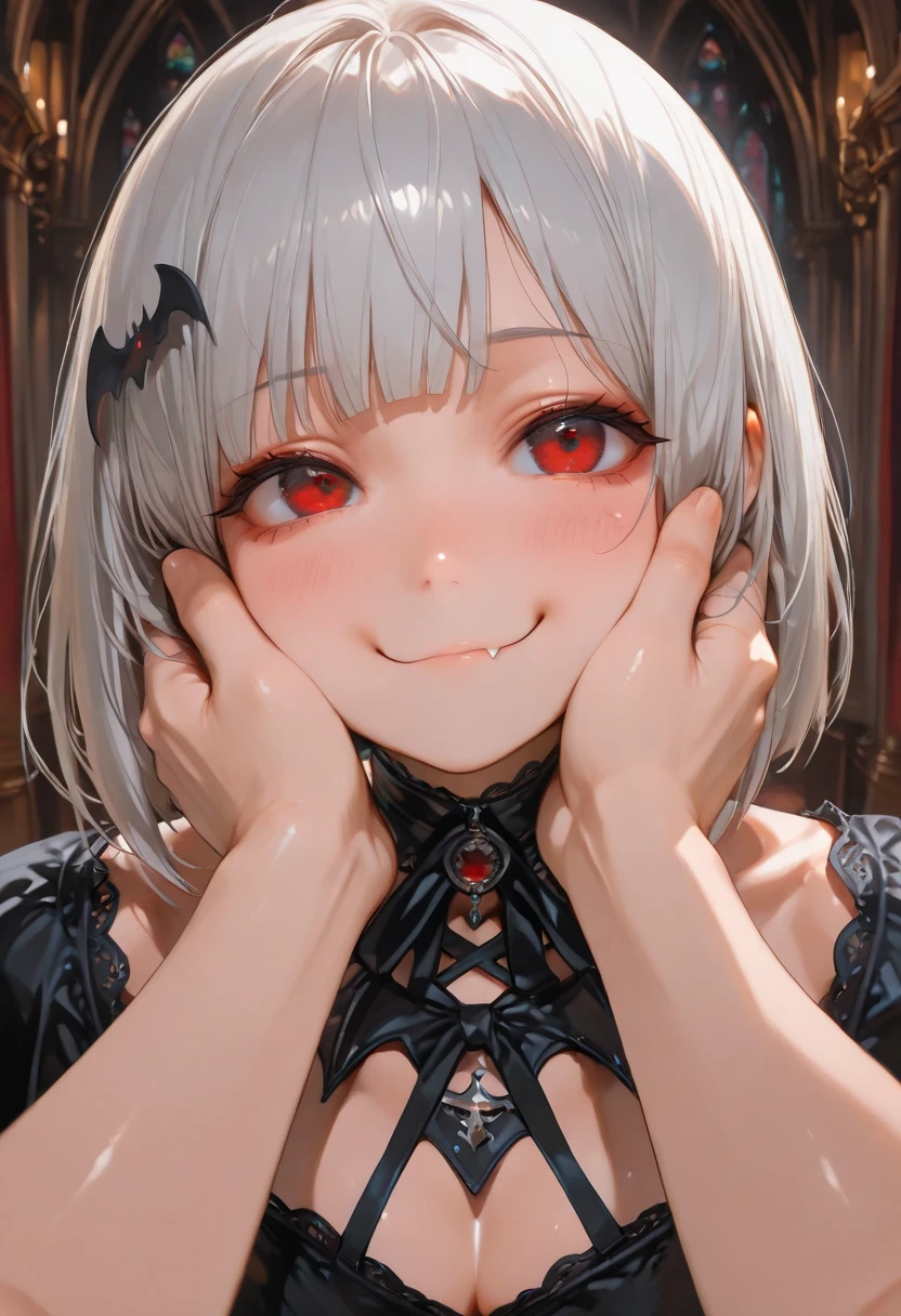 (masterpiece:1.3), (8k、best quality:1.3), (1 girl), (Alone), (cute, little:1.3), (very cute face:1.3), (Beautiful Face with Perfect Symmetry), (perfect anatomy), ( high detail skin ), Anime Girl Rendering, Beautiful Silver Hair Bob Cut, Intense red eyes, strong eye highlights , (Gothic Fashion), (Dracula the Vampire), ( Gothic Architecture ), (Vampire Girl Standing in the Center of the Hall), (Bats Flying Around the Girl), Bat Shaped Accessory, looking back, love letter、Create digital artwork in, I'm happy but I'm embarrassed, 's face turns red, upper body closeup, Volume Lighting, soft light on pussy, bright, neon, bright色, pop art style with your hands touching your cheeks