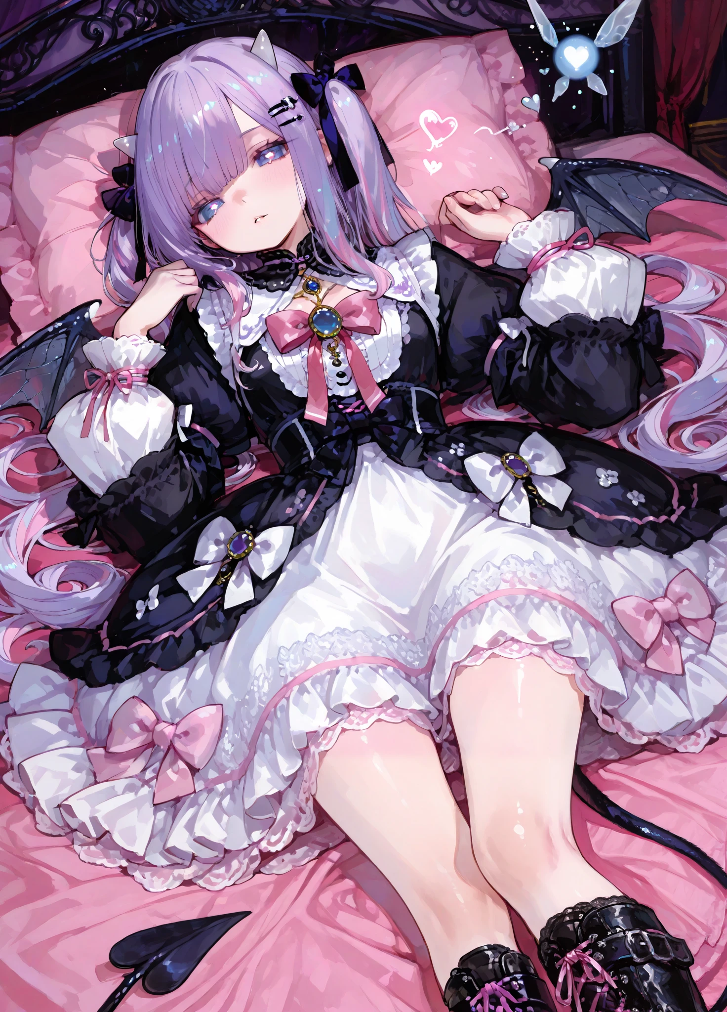 The girl is a devil/ pastel goth. She has very long curly puffy purple hair with pink highlights with many white bow-hairpins. She has a bat wings onher head. She has navi blue eyes with hearts-shape pupils. She has long white horns with pink ribbons. white webbed wings on the back and a white devil's tail with a little pink bow on it's tip. She is wearing a pink-white ta pastel goth dress with ribbons and bows with long puffy sleeves that hide her palms. She has a puffy collar with a red ribbon and a blue jewelry gemstone on her chest. She has long legs dressed in pink lace-up boots and white with bows. She is walking around in a pink and black Gothic room is furnished with mannequins decorated with purple ribbons to which the scissors are tied up to it.