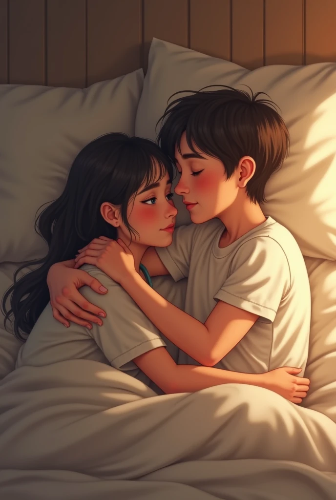 Girl with hair bun, grey t-shirt girl, kissing a boy on his eyes on bed