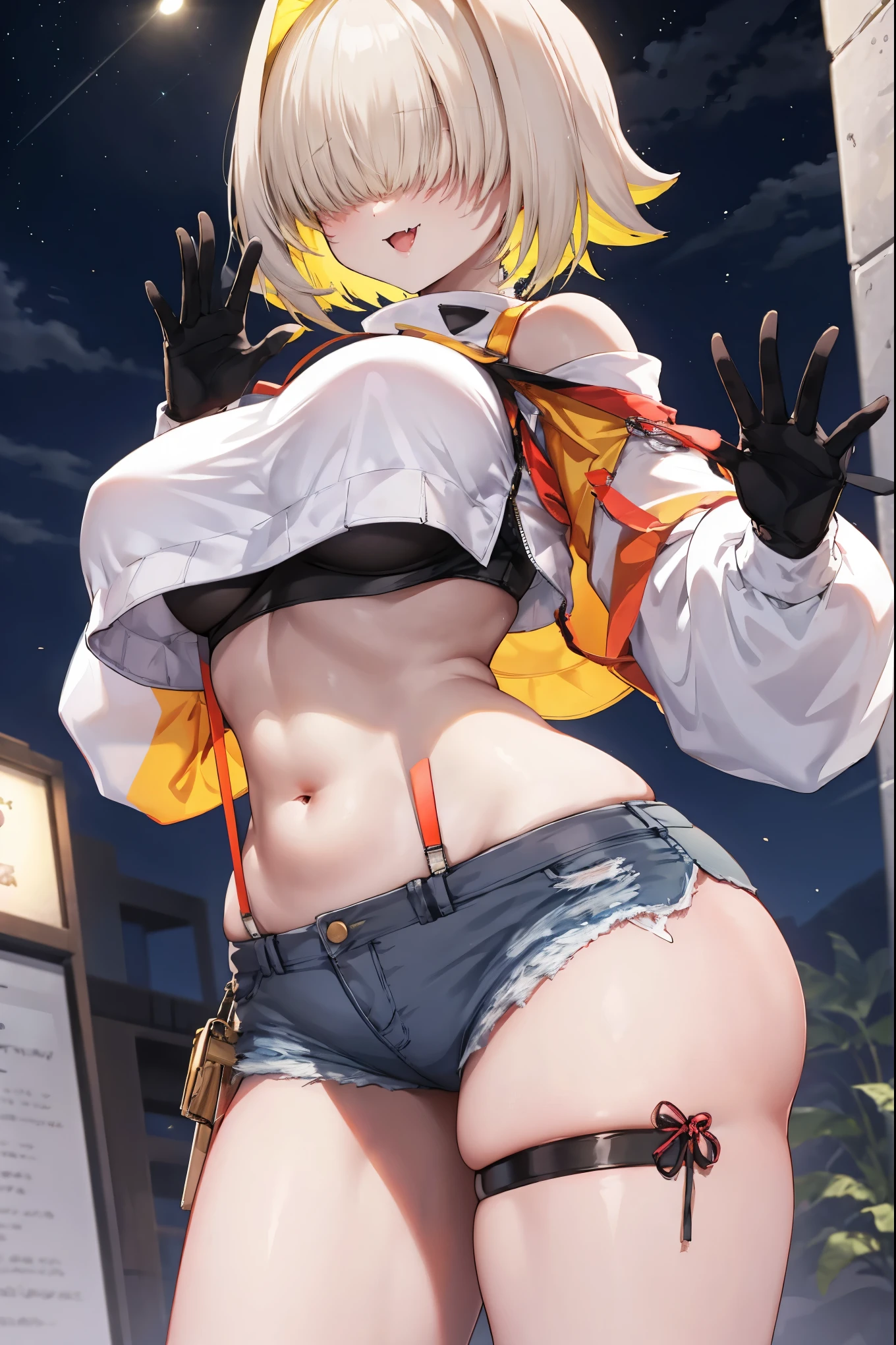 high resolution、High definition、One cute gal with tiger ears and a tiger tail、front、Cross your arms、Elegant figure、Short Hair、Golden Hair、A smiling smug face、Black Aloha Shirt、Belly button、Groin、Low rise
