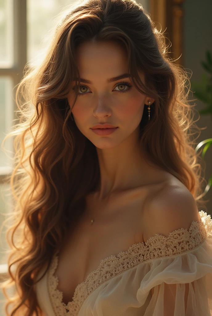 1 fille aux longs cheveux brun avec balayage,corps et tete, breast no, realistic body not too big breasts
