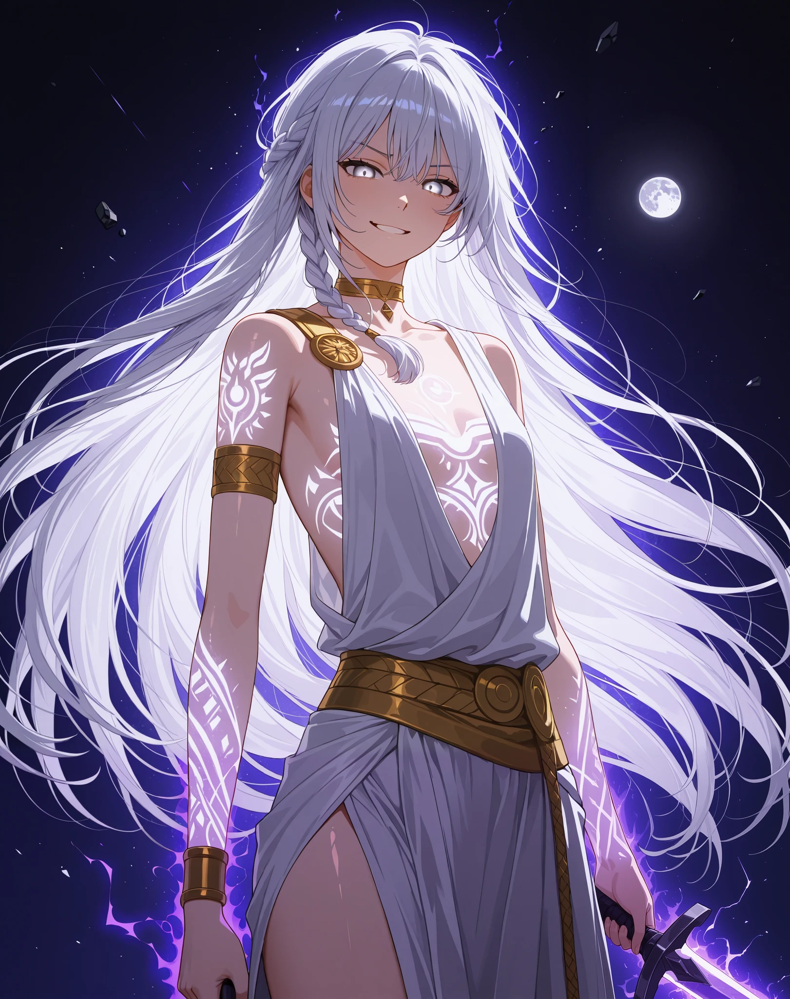 (dynamic pose, cowboy shot, solo:1.1), webtoon, manwha style, glowing aura, glowing body, photorealistic background and lighting, 4k, ultra detailed, impasto, extremely detailed, detailed background, dramatic shot, cinematic, volumetric lighting, (dynamic pose, woman, girl, young adult, 1girl:1.08), (HoSenti, Senti_Default:0.97), white hair, braided hair, gray eyes, glowing eyes, aura trails coming from her eyes, very long hair, seraphim angel, deadly aura, killing intent, disgusted expression, looking at viewer, flat chest, ancient greek clothes, armlet, golden choker, greco-roman clothes, glowing purple tattoos, field of cosmic swords, flying cosmic swords, smirk, glare, high tech mouthpiece, covered mouth, kevlar technology, broken moon, shattered moon, cracked moon, 