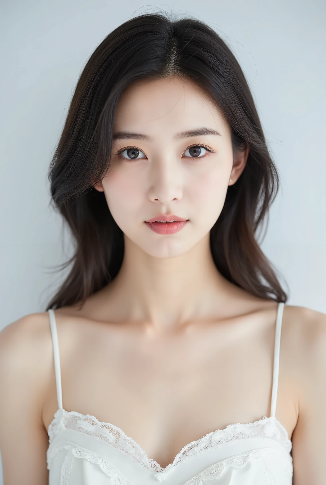 Create a portrait of a very beautiful Japanese idol, focusing on a close-up from the shoulders up. She has a slender physique and a small bust. The setting is a photography studio, and the lighting should be bright and clear, reminiscent of using a white reflector. Her hair is of medium length.