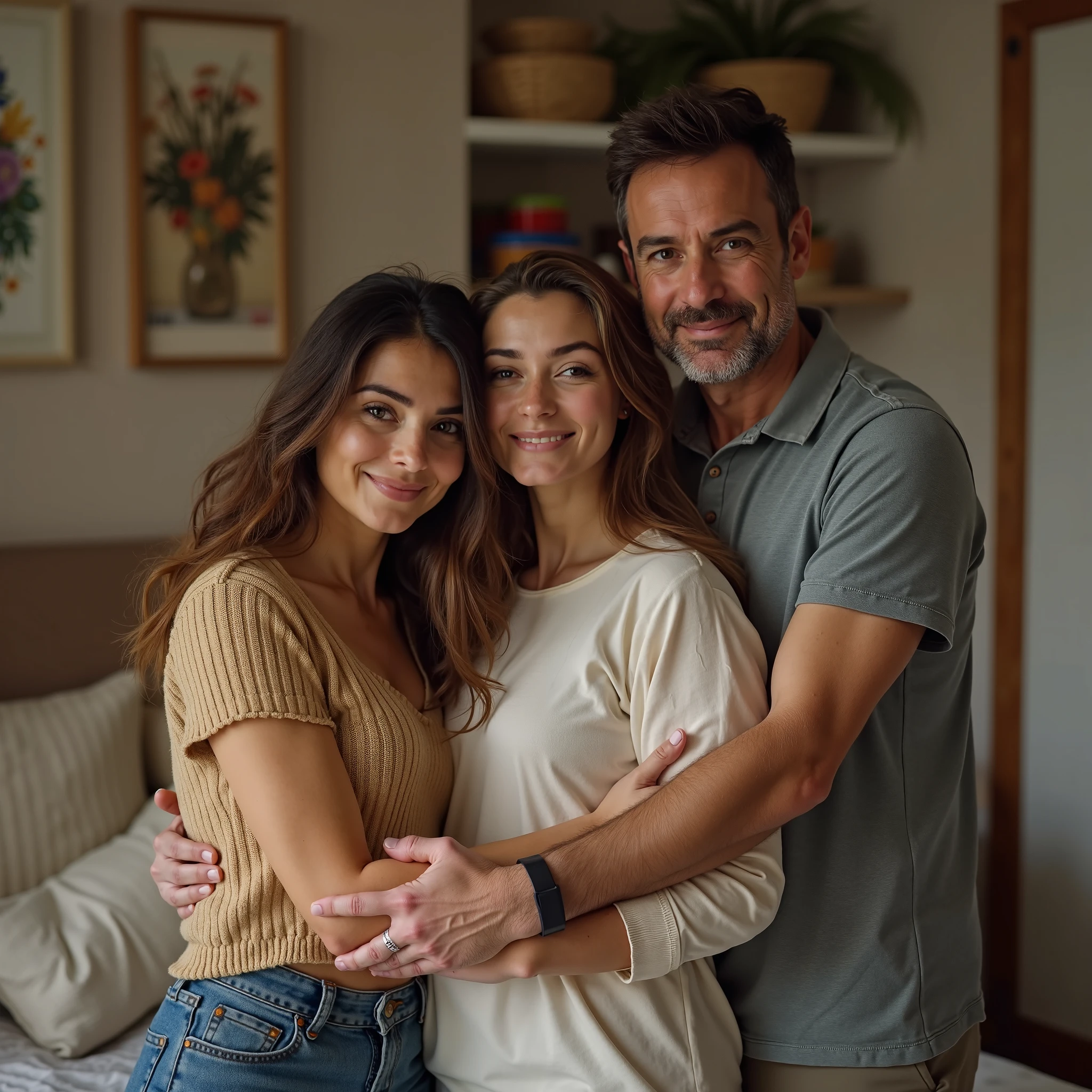 Create an image in a humble family home, with a group of happy men and women people, motivated, starting your own business at Moments Paris, having Moments paris perfumes and moisturizers in your hands, mid afternoon light, traits of Uruguayan people, selfie style image