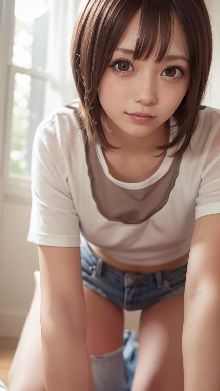 RAW UHD Format、Crystal Clear、nsfw,(Real photo)、18 year old blonde photo (blue eyesをした美しい女の子), (Well-trained body、Get six-pack)、healthy beautiful girl、Droopy eyes、blue eyes、(((very small breast bulge)))、 very unreasonable、highly detailed shiny eyes、super high quality, sharpness, Shallow depth of field, Crystal Clear, Cute face, The background is blurred,Fine skin pores , Intricate eye details、Fine skin、((short hair))、((No makeup))、((freckle face))、high school girl、So ridiculous、(((High School Uniform)))、(smile、LOL)、(Spread your legs)