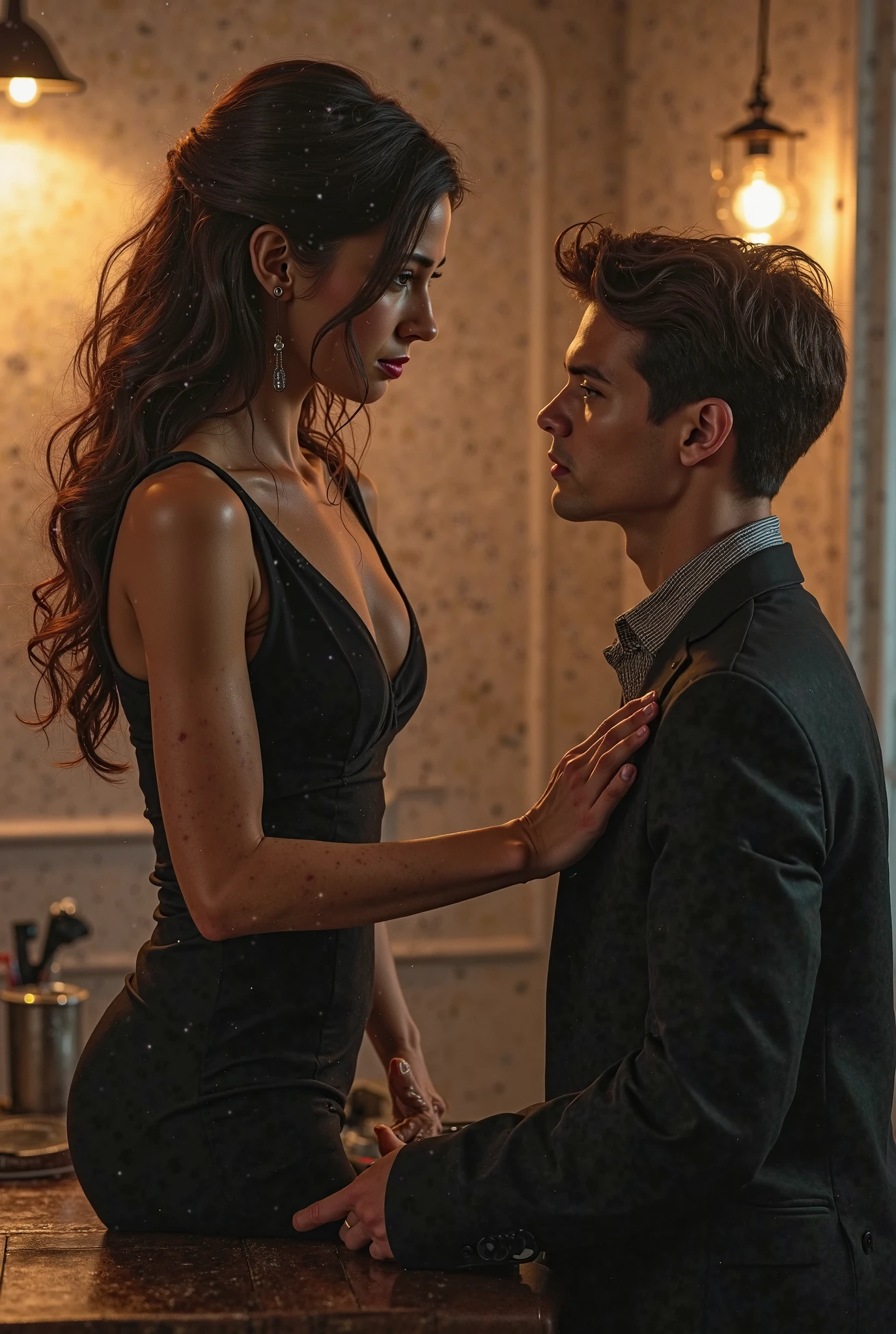 A photo of a young and delicate man and a young lady trying to seduced him at the bar. The lady must wearing a party dress. The man mush wearing a proper suit of a mafia leader.